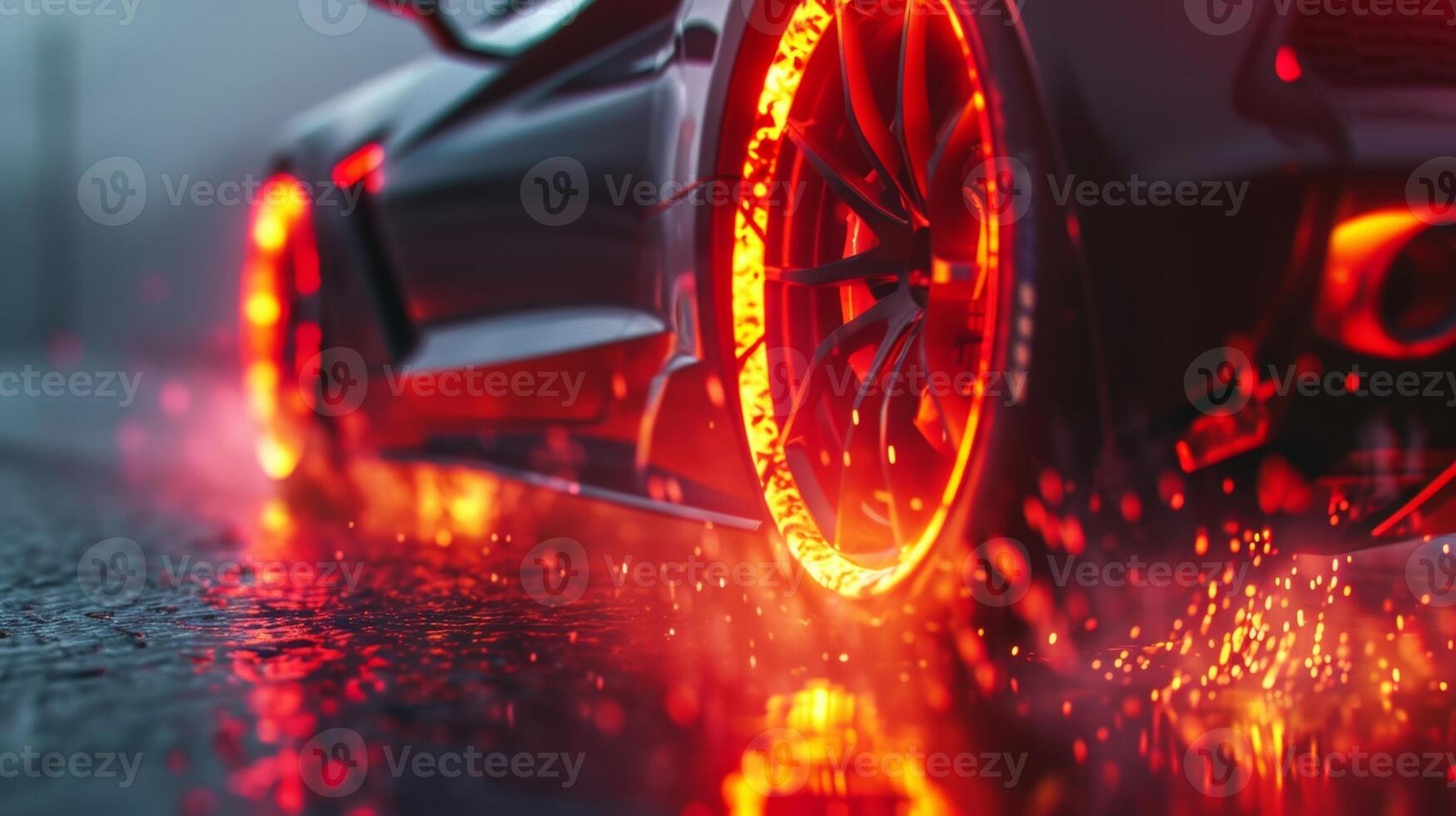 In slow motion the camera captures the intense heat emanating from the tires causing them to glow bright red photo