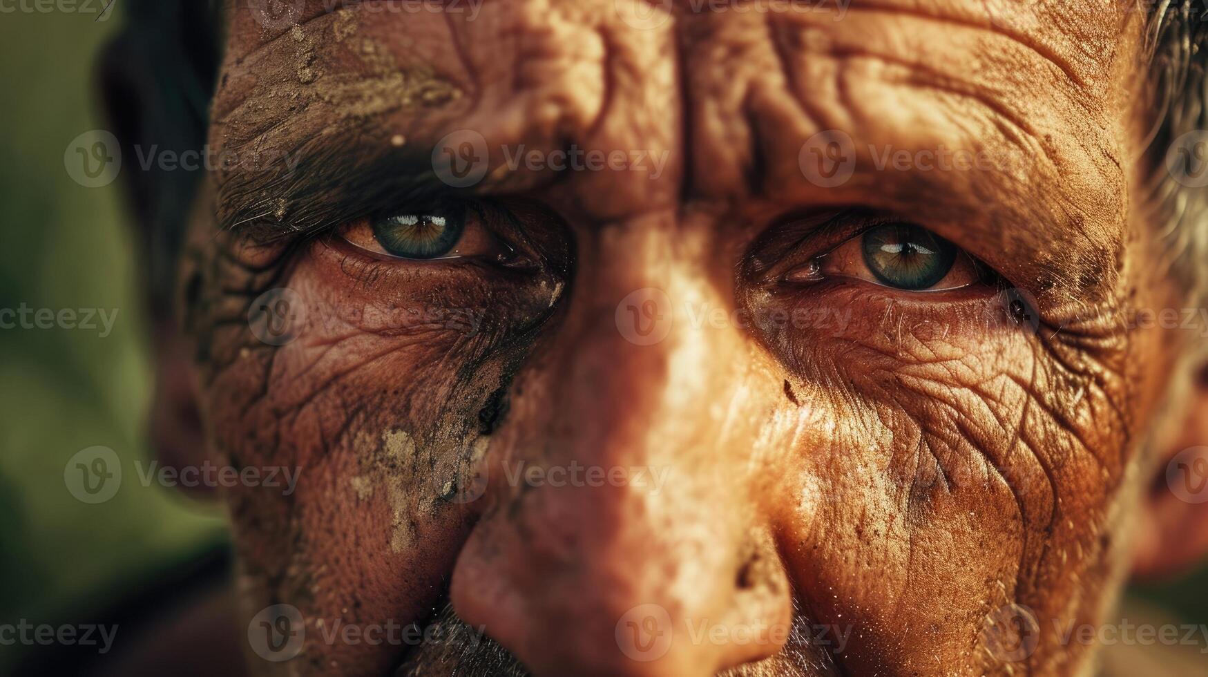 Closeup portrait of a farmer their face marked with lines of exhaustion and sweat. The labor and demands of the land have taken a toll on their body photo