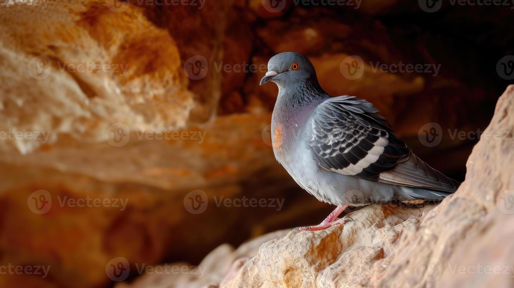Closeup of a desert pigeon perched on the edge of a shallow crevice with its feathers fluffed up to keep warm in the cool dim cave photo