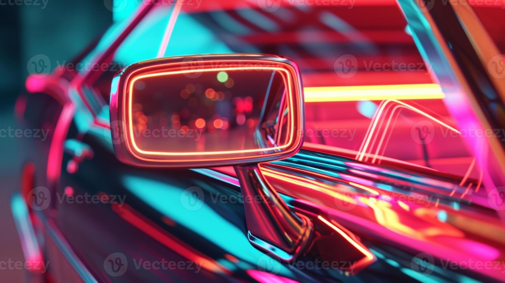 A closeup of a side mirror with a distinct and unique neon accent adding a cool and trendy vibe to the clic vintage car it is attached to photo