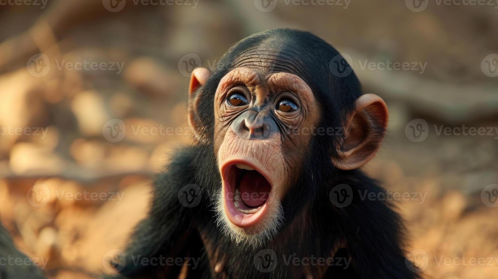 Closeup of a baby chimpanzee separated from its mother crying out for her in a barren wasteland. The young ape is helpless and vulnerable in the face of habitat destruction photo