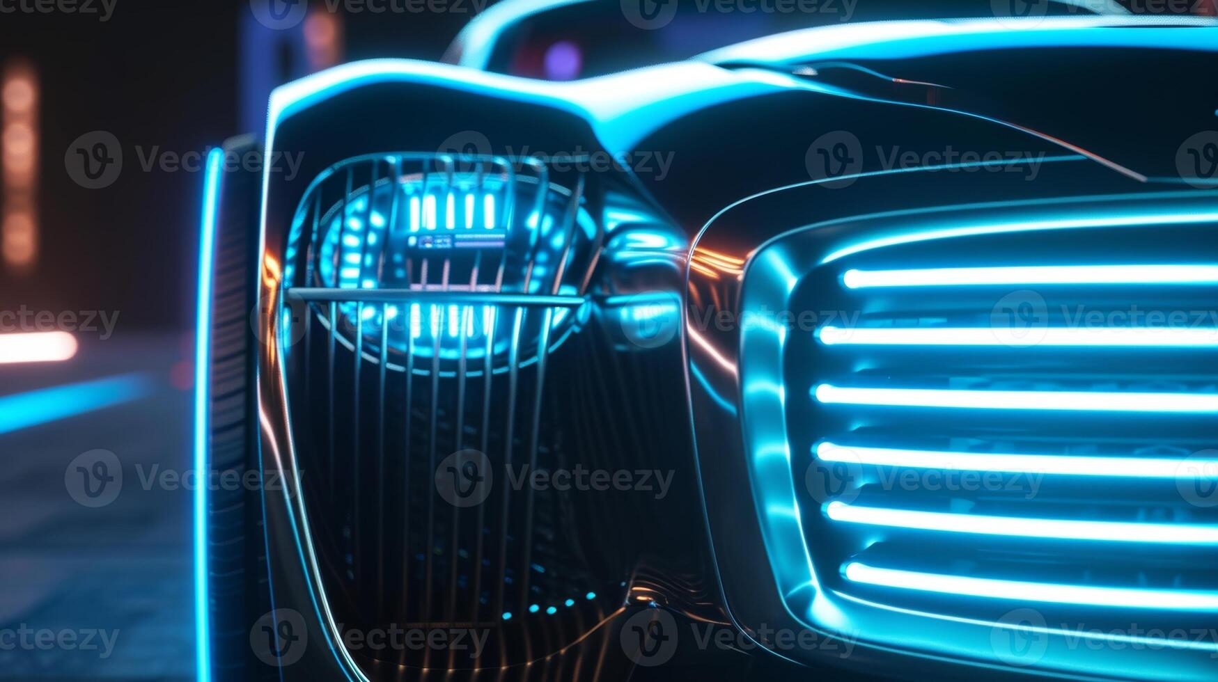 A unique closeup of a retroinspired cars front grille with neon blue lights adding a futuristic touch to the vintage design photo