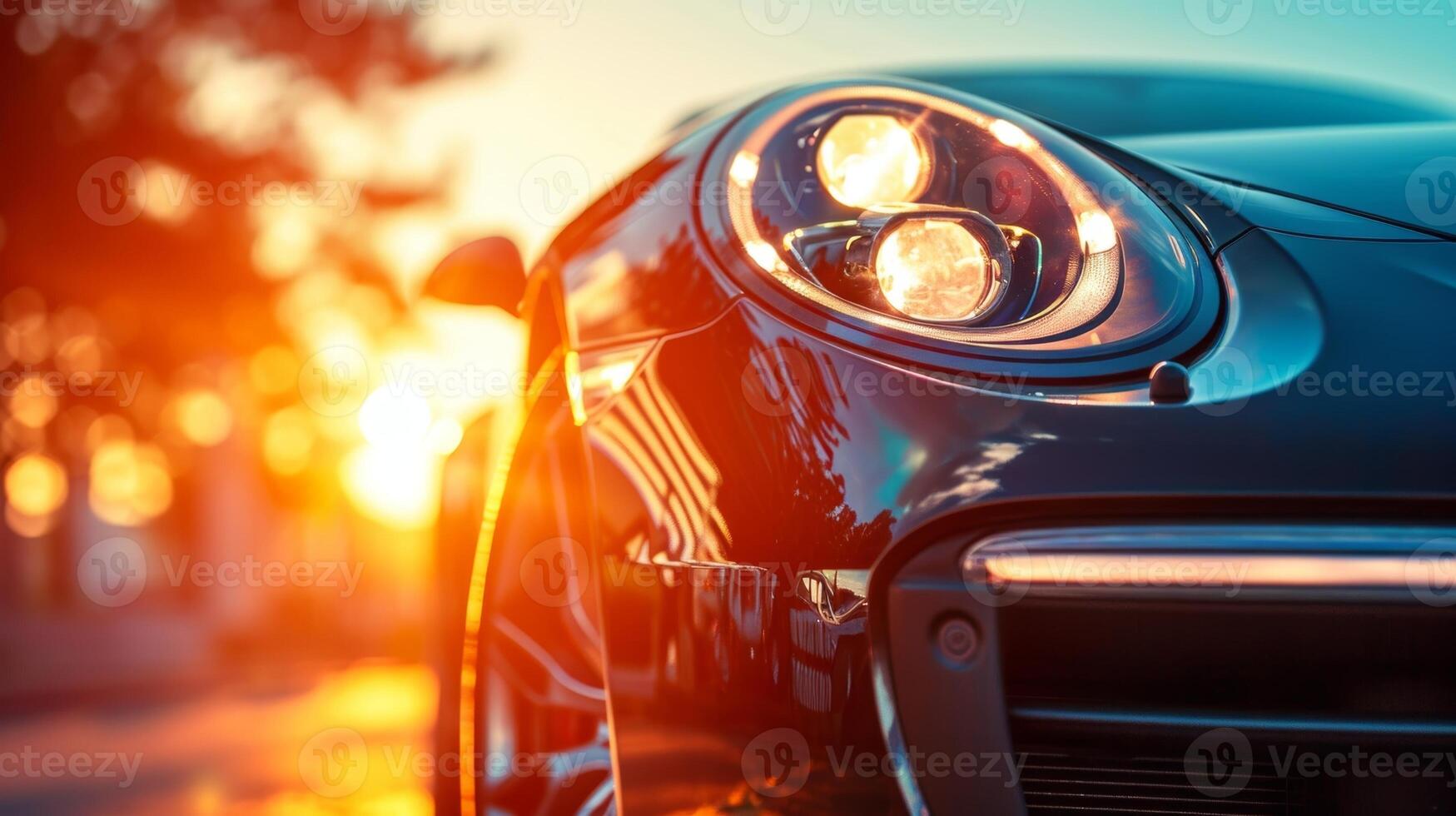 A closeup of a cars headlights against the setting sun their beams shining and reflecting on the shiny surface of the hood photo