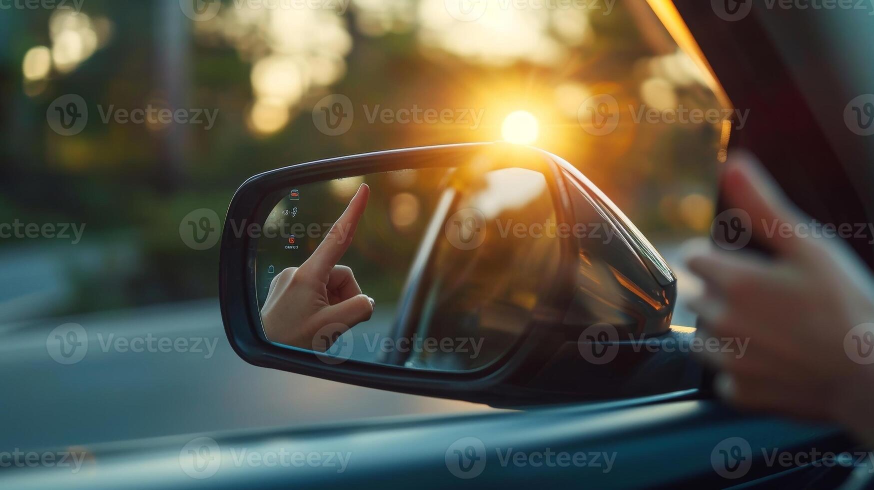 A closeup of fingers tapping in the air adjusting the side mirrors with a cars gesture control system photo