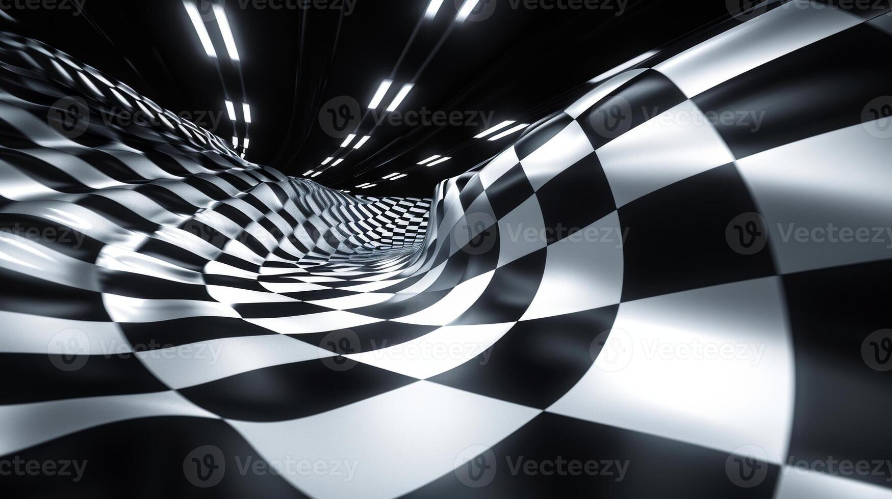 The checkered flag moving back and forth with each wave as cars zoom past in the background creating a sense of energy and excitement photo