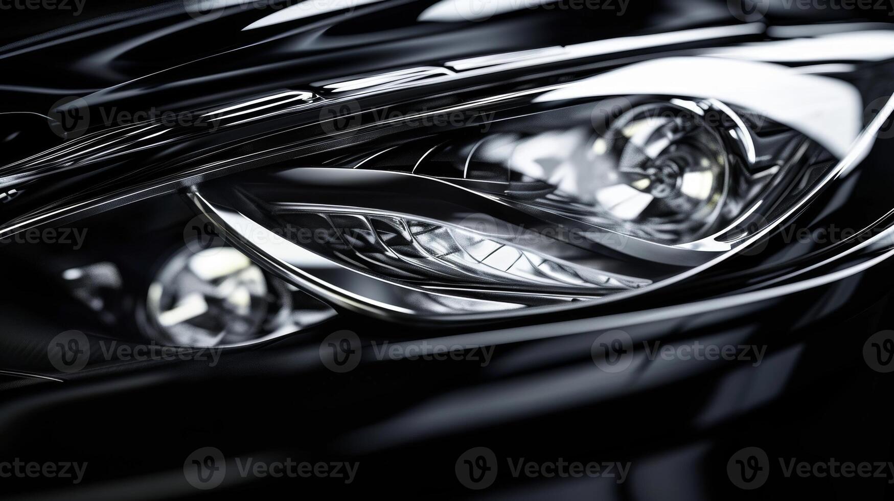 A detailed shot of a black and white headlight with its cover removed exposing the layers and components that contribute to its distinctive shape photo