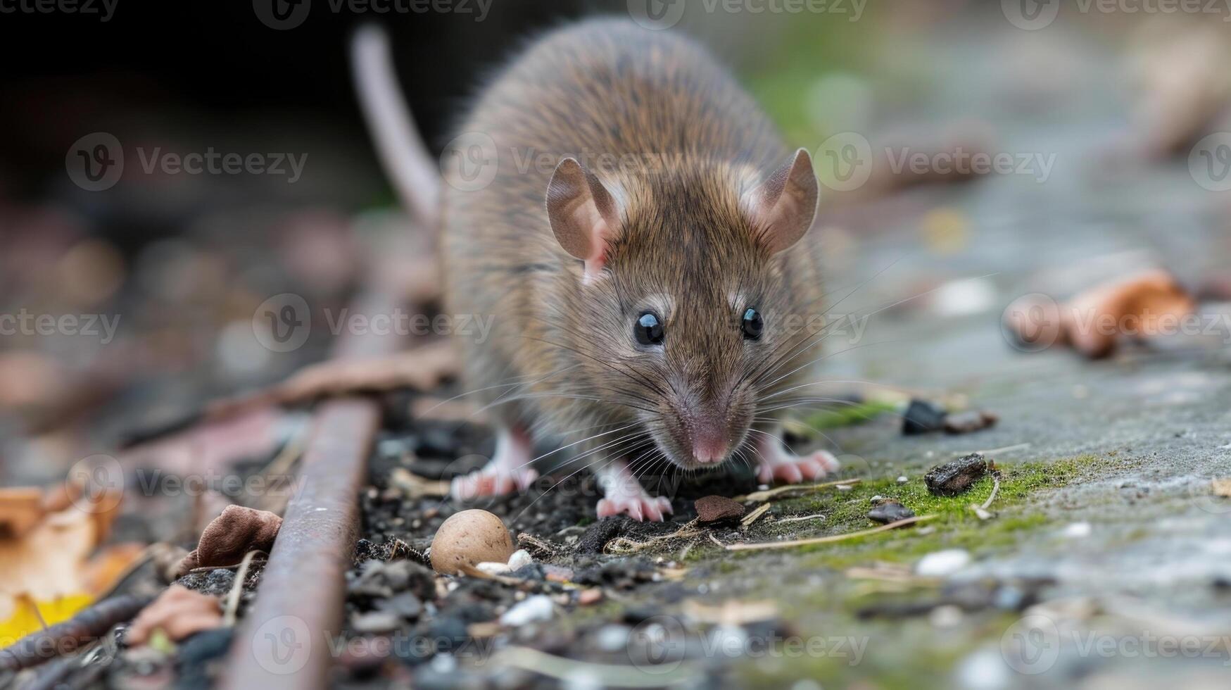 Closeup of a rat nibbling on a discarded piece of food left on the subway tracks taking advantage of the human activity above ground photo