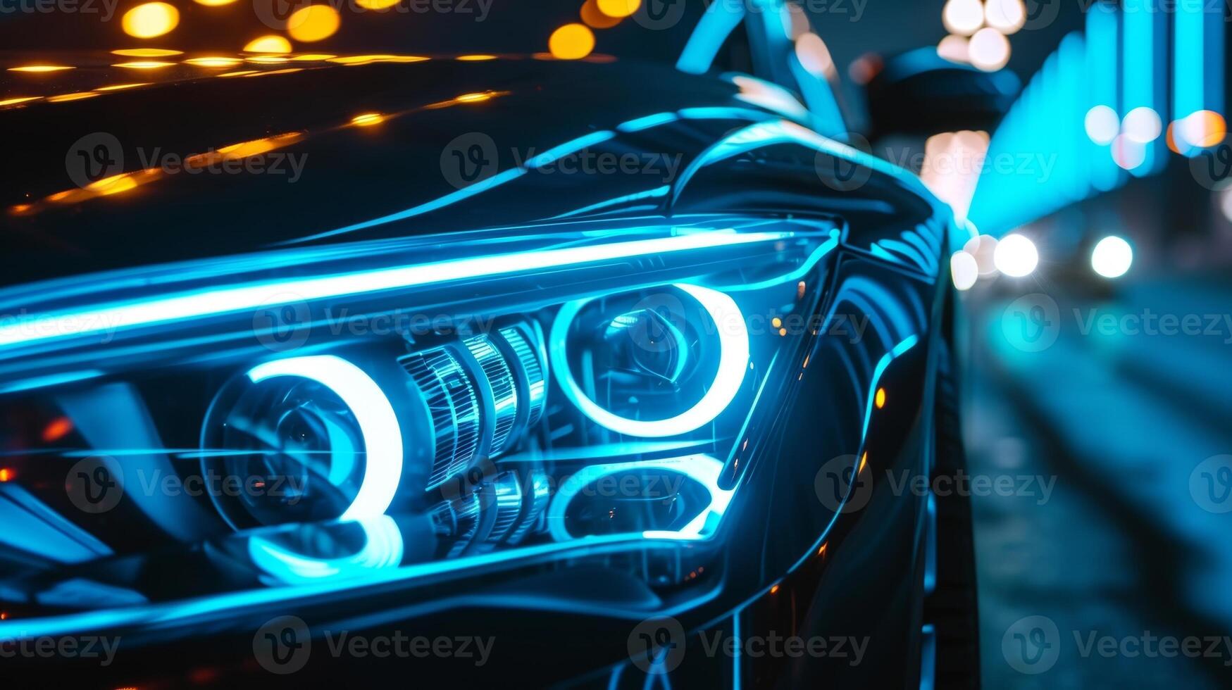 A closeup shot of a cars headlights with an intricate laser pattern creating a mesmerizing light display when turned on photo