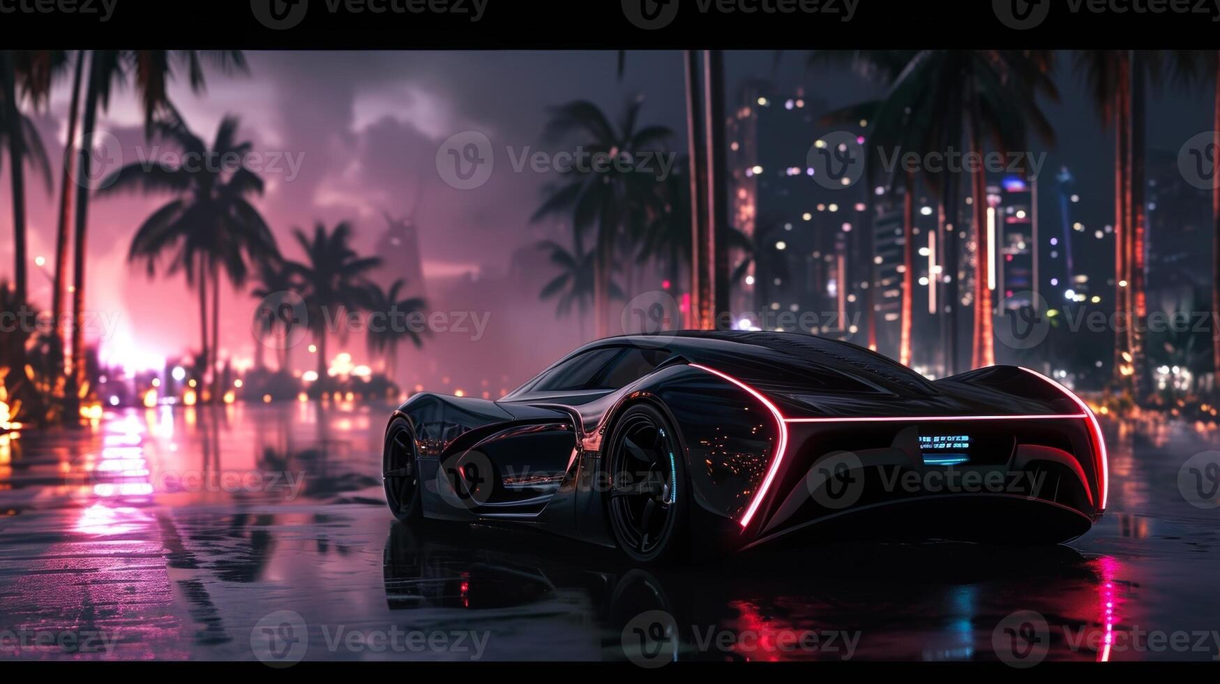 The contrast between the black sky and the vibrant lights in the oasis creates a captivating scene drawing the eyes in photo