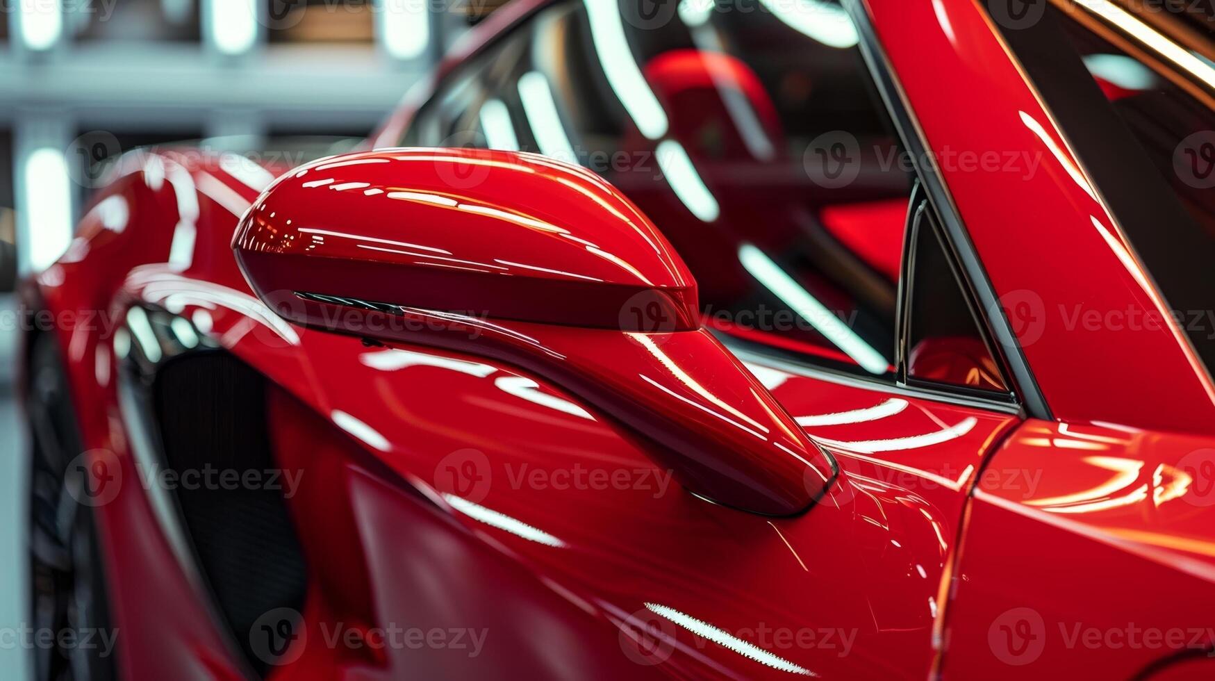A closeup of a red sports cars side mirror highlighting the bold and attentiongrabbing neon accent that adds a touch of edginess to the vehicle photo