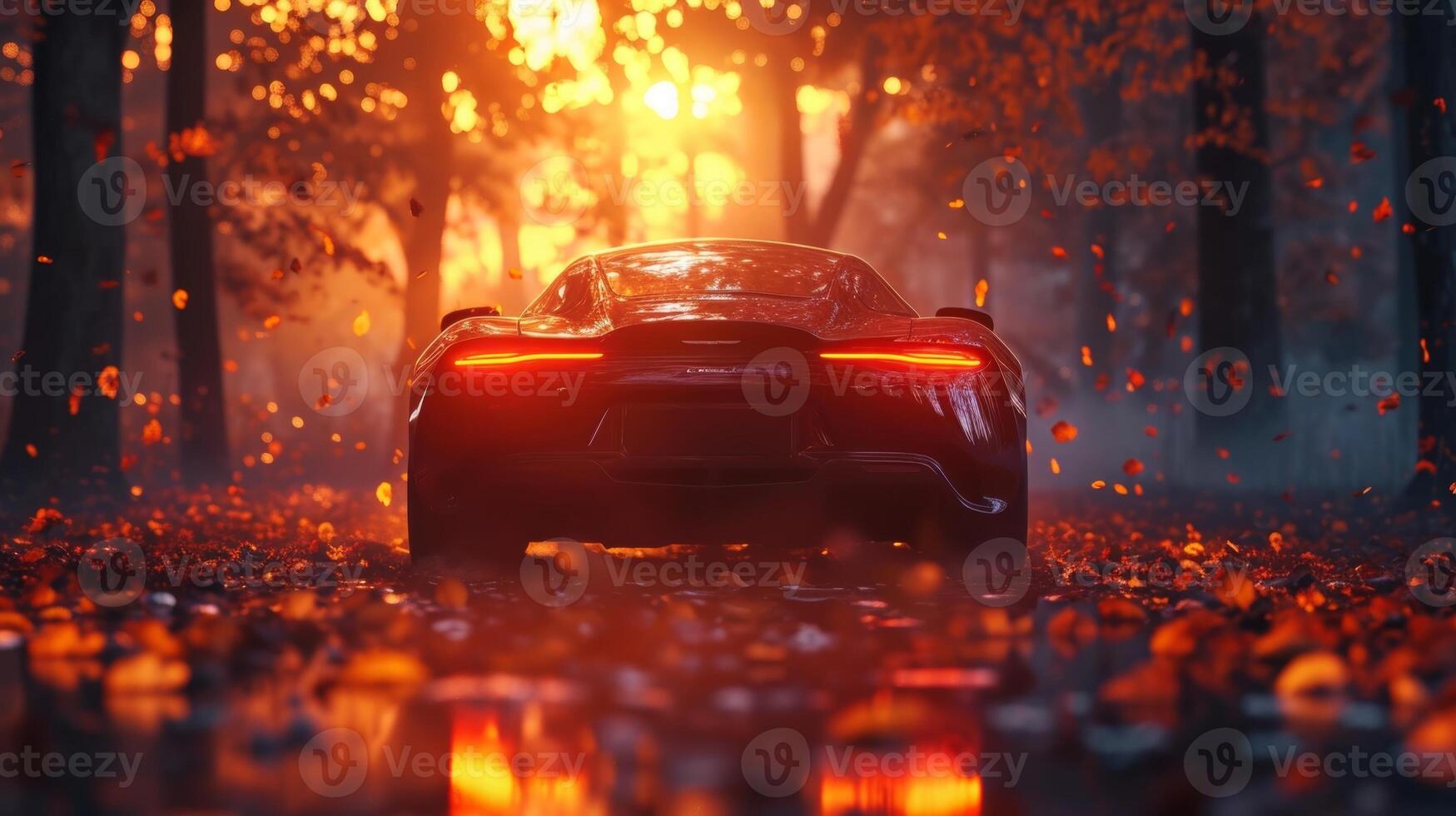 As dusk falls the headlights take on an ethereal quality ast the autumn foliage casting a warm and comforting glow photo