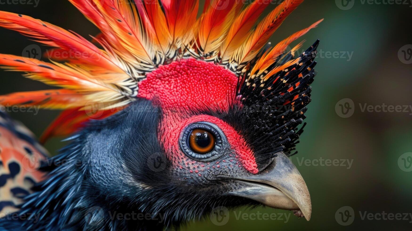 Closeup of a regal cowarys brightly colored casque serving as a vibrant crown atop its head as it strolls through its natural habitat photo