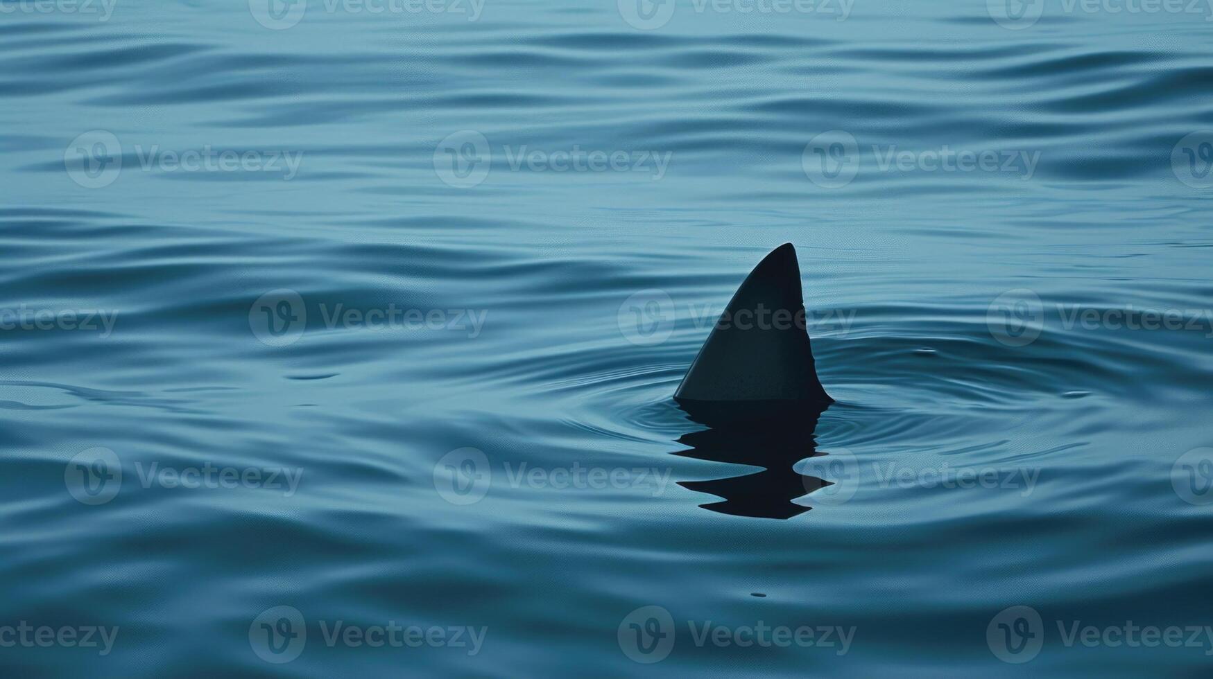 Closeup of a lone shark fin protruding from the calm waves a chilling reminder of the ominous creatures lurking beneath the surface photo