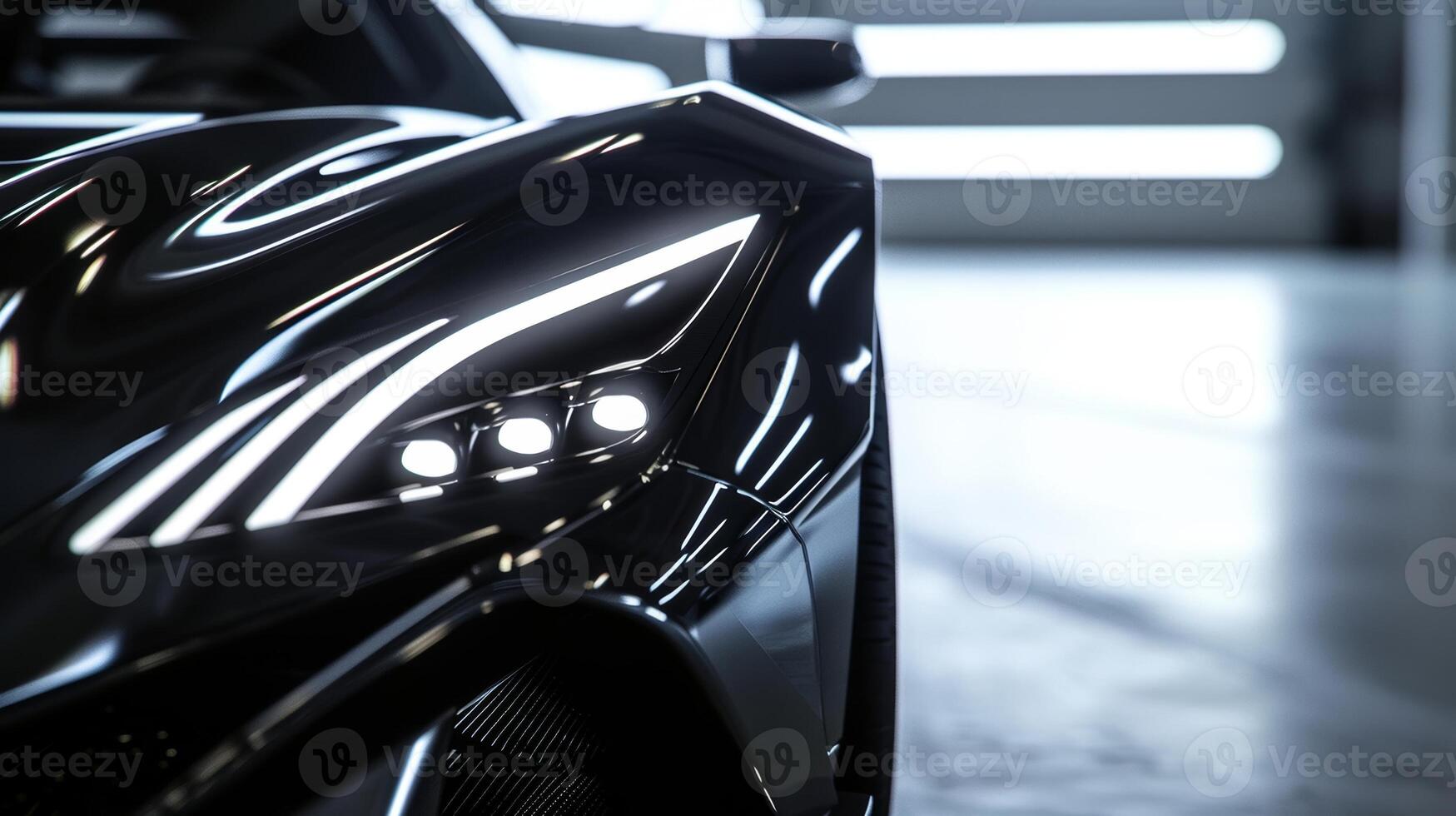 The camera focuses on the sharp aggressive angles of a sports cars headlights highlighting their design for maximum downforce and control at high speeds photo