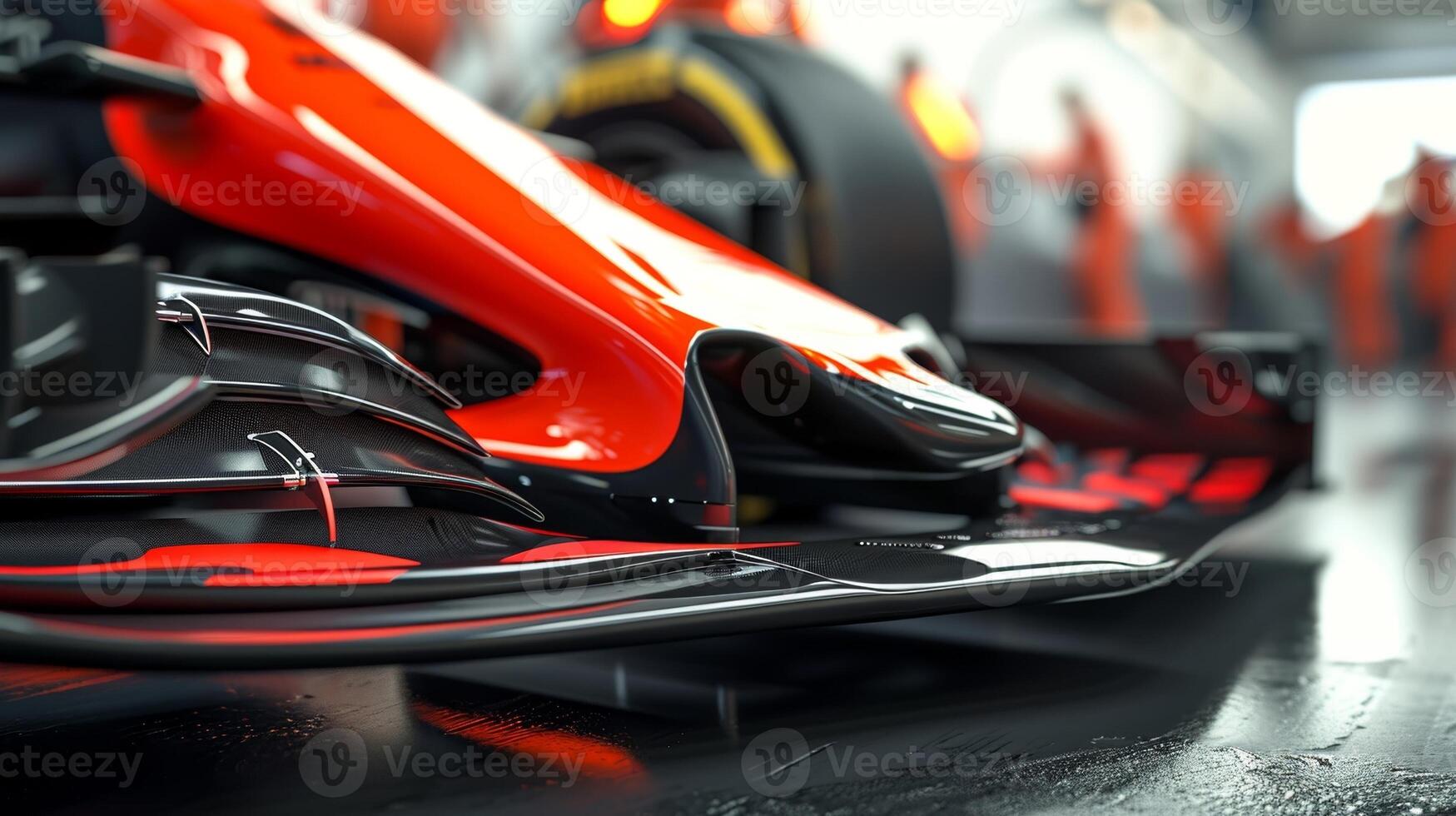 Macro shot of a cars front wing emphasizing the intricate design and use of aerodynamic elements such as canards and strakes to reduce drag and improve downforce photo