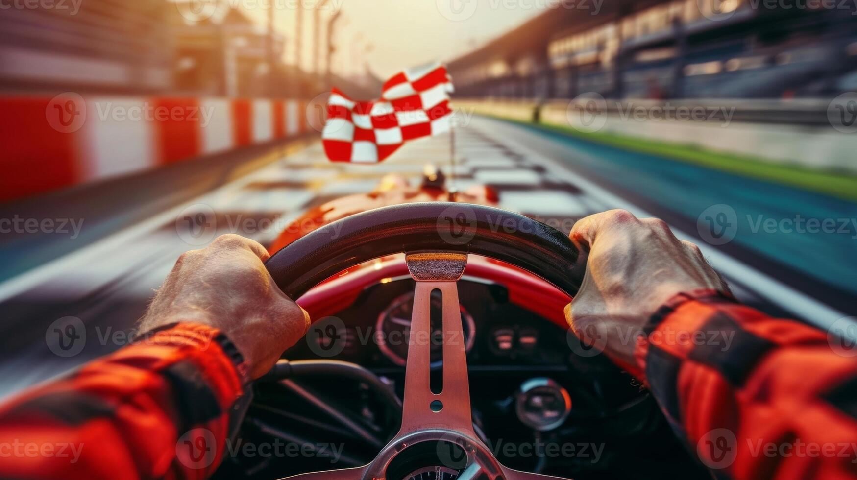 A closeup of a racers hands gripping the steering wheel as they cross the finish line the checkered flag in the background marking the end of their career photo