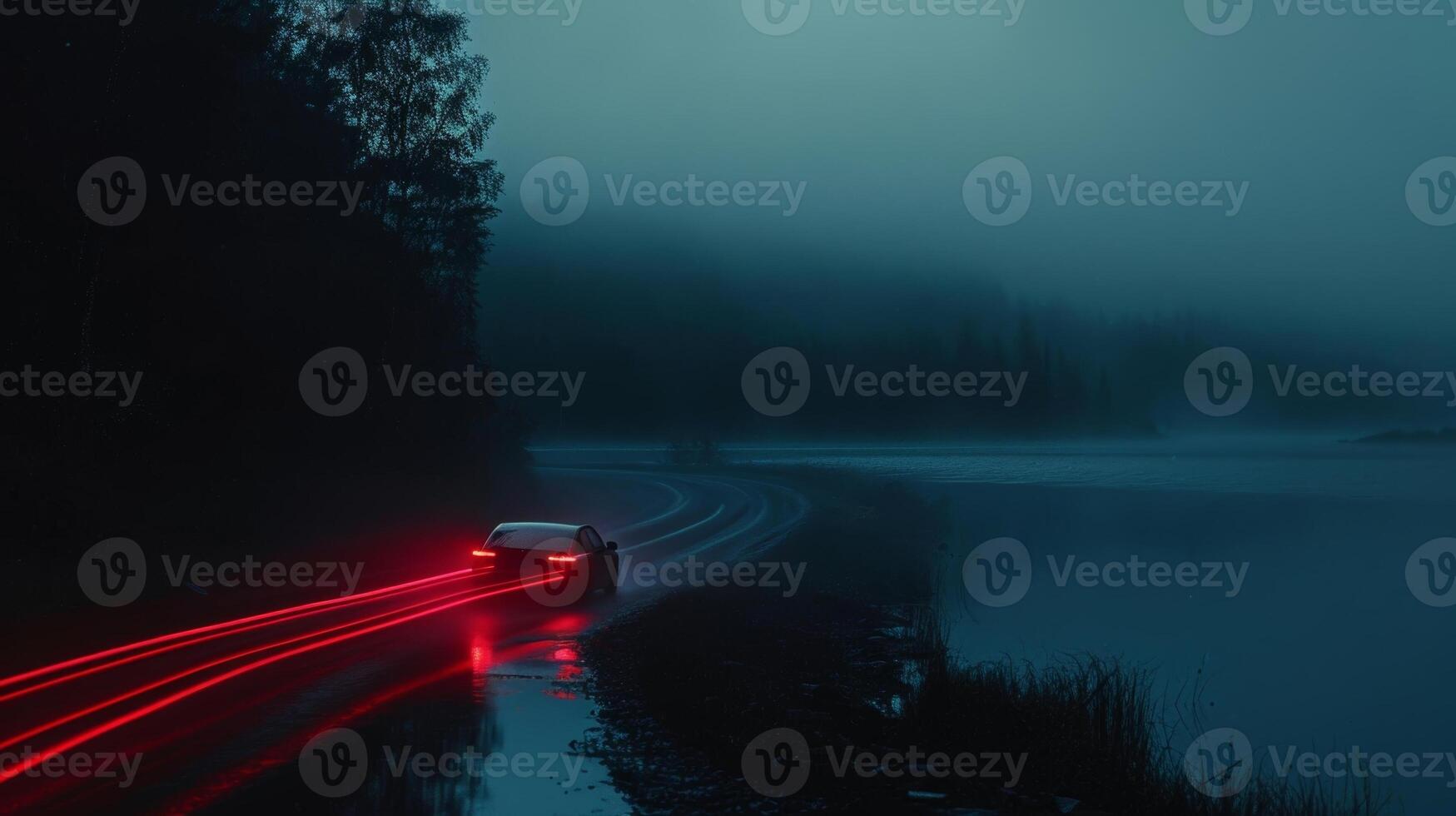 The camera pans over to a lone car making its way around the lake its taillights leaving a trail of red on the dark road. The stillness of the night adds a sense of calm an photo