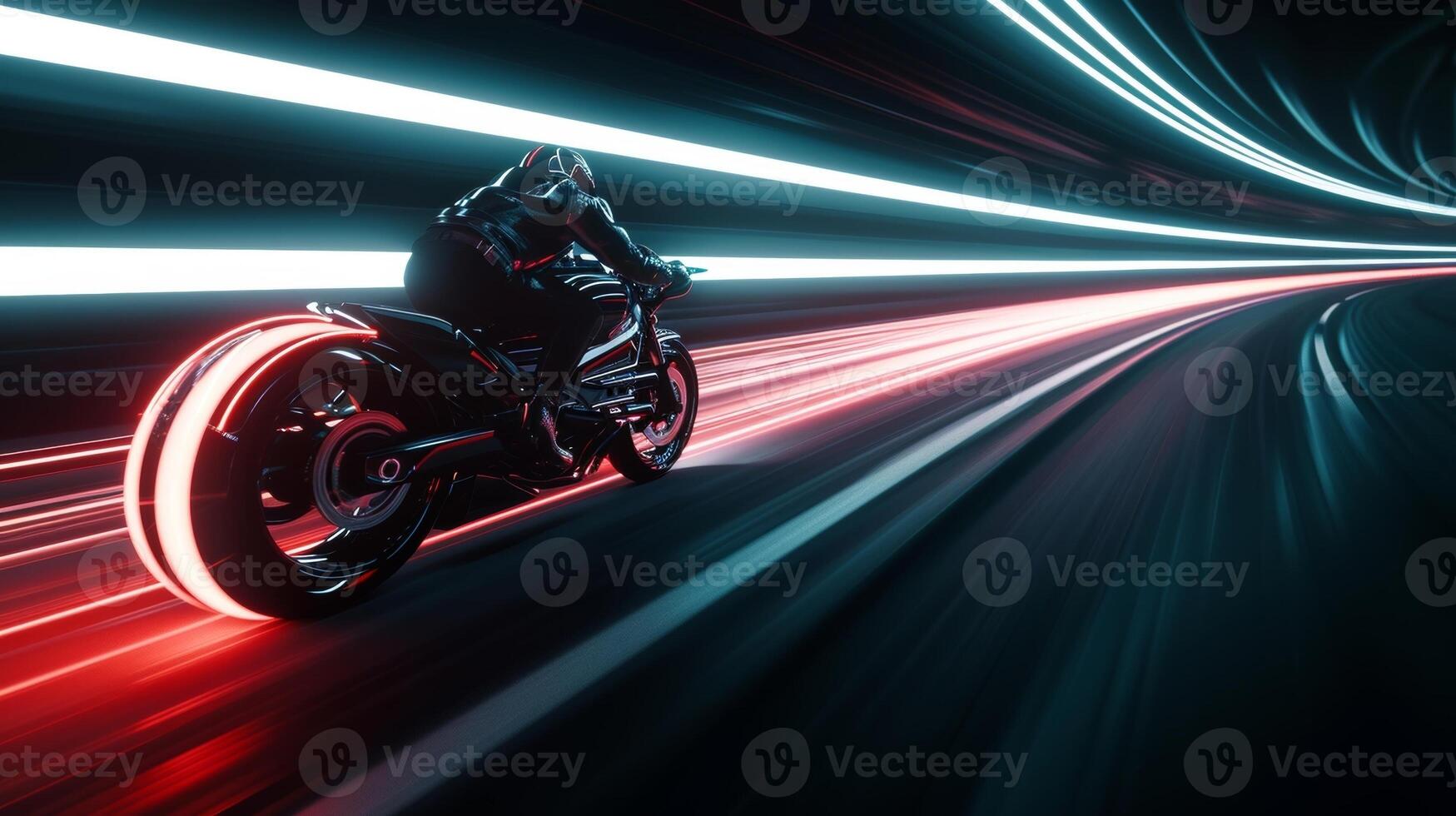 The neonenhanced tail lights of a motorcycle create a stunning trail of light as it speeds down the otherwise pitchblack road photo
