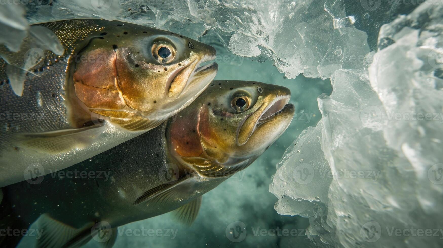 Closeup of the intimate moment between two arctic char their bodies intertwined as they swim side by side in the crystalclear waters beneath the thick ice photo