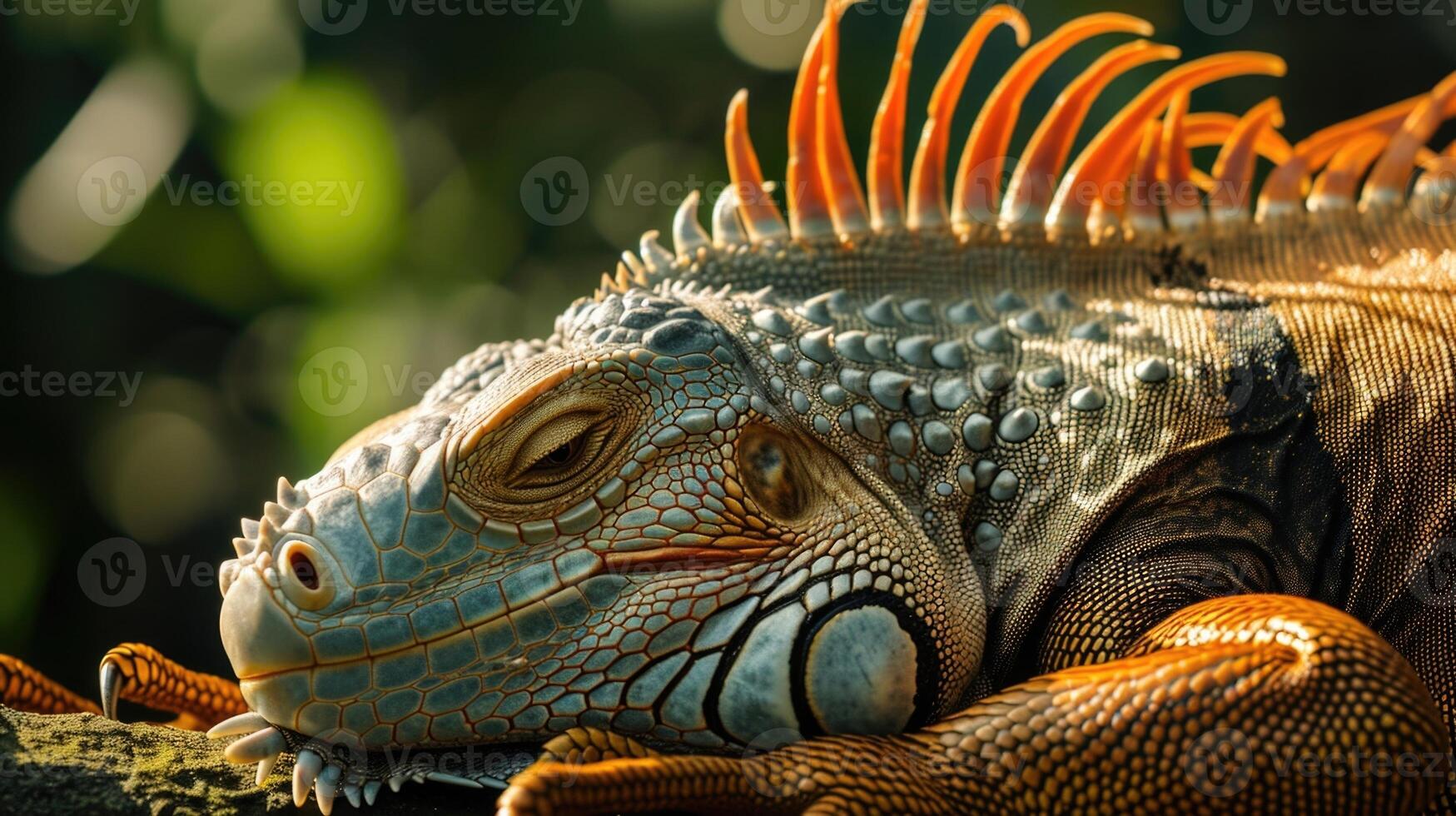 Closeup of an iguana with its eyes closed completely at peace as it soaks in the warmth and energy of the sun photo