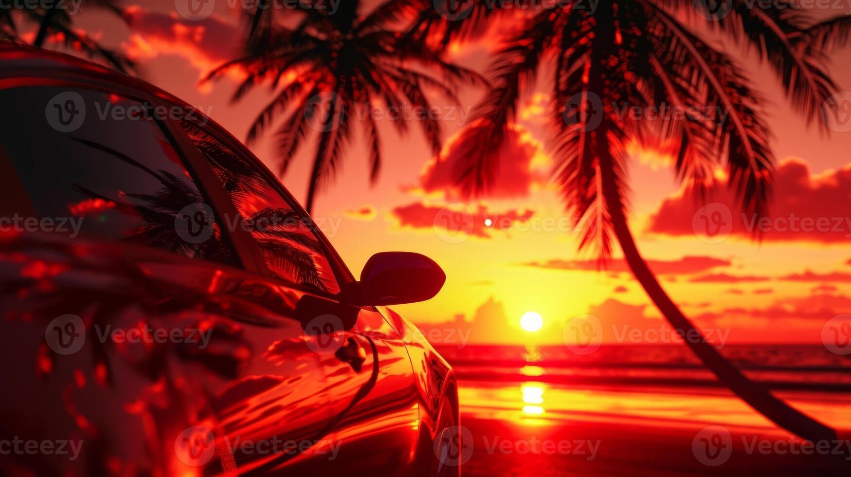 Extreme closeup of the red and orange glow of the setting sun against the silhouette of the palm trees creating a dreamy and romantic atmosphere photo