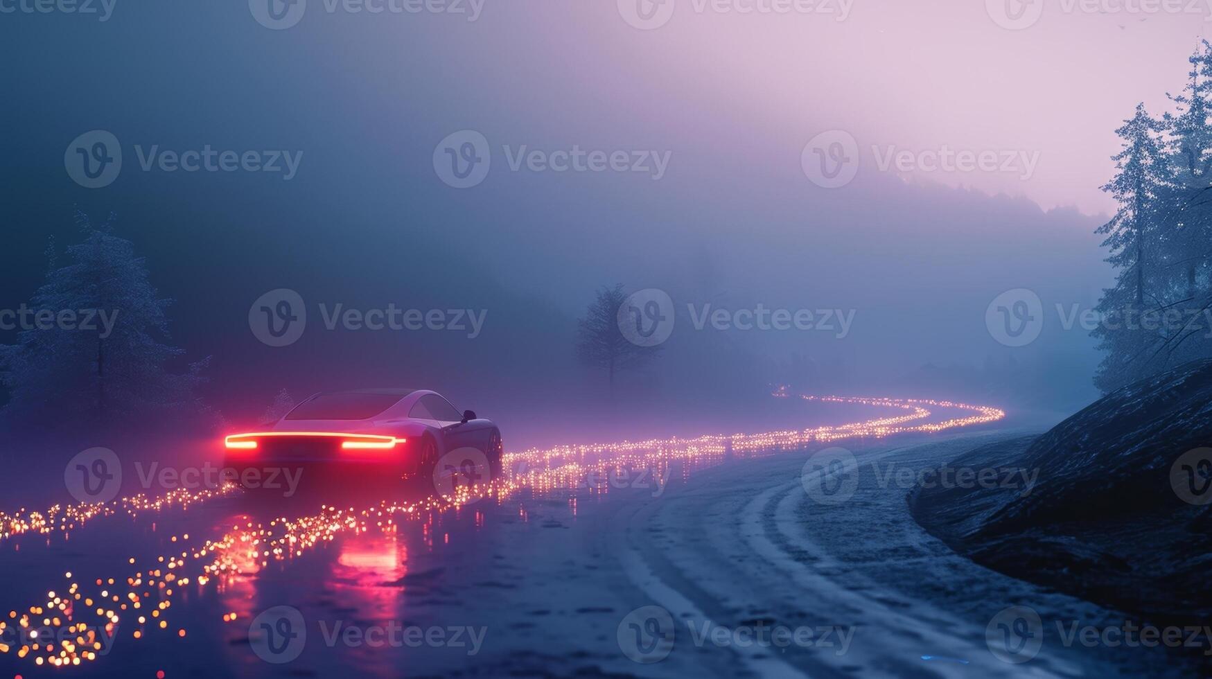 The car gliding through a foggy landscape leaving behind a trail of sparkling lights in its wake like a magical creature on a mystical journey photo