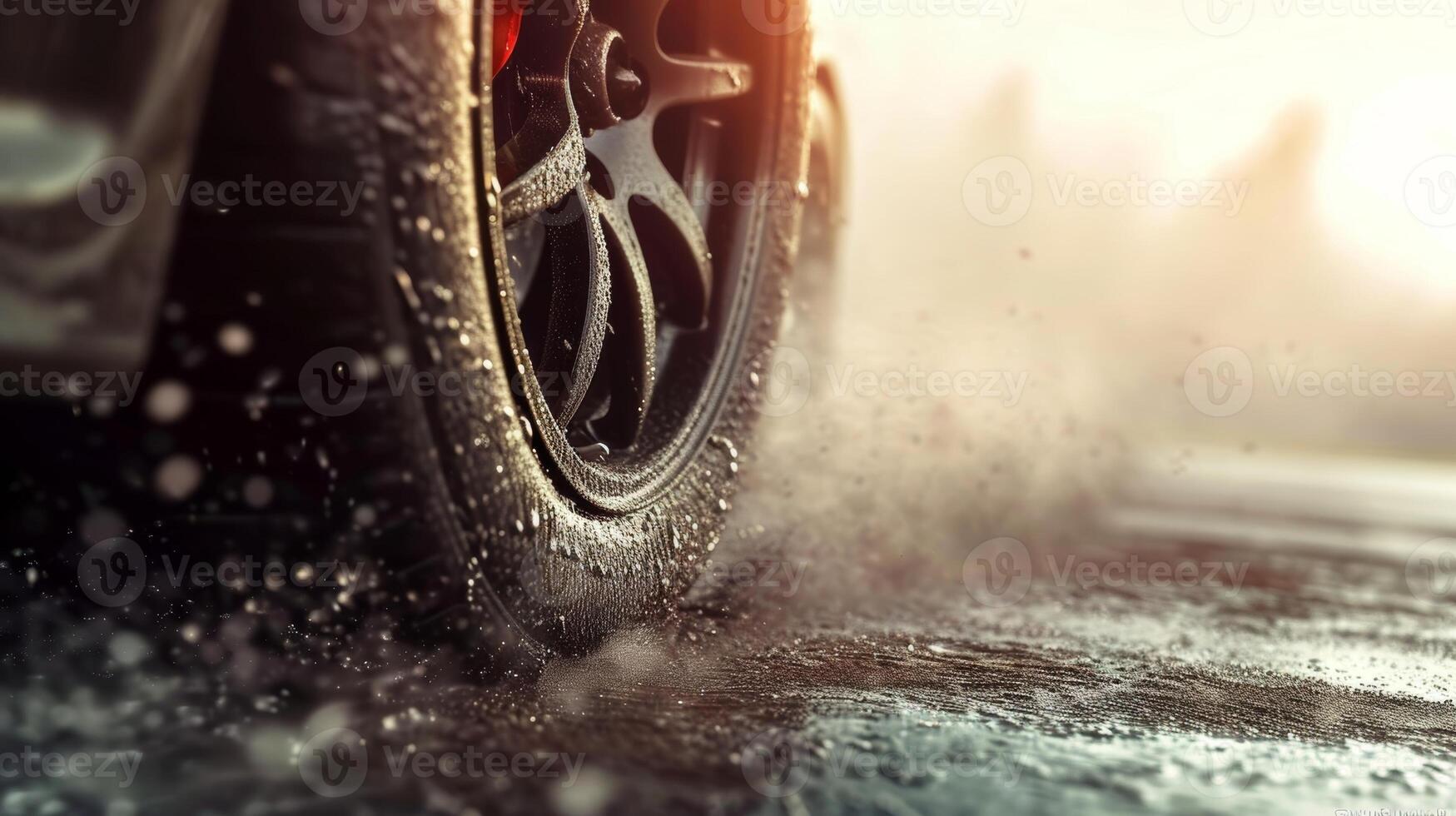 A closeup of a slick tire covered in a fine layer of rubber dust from the high speeds and intense traction photo