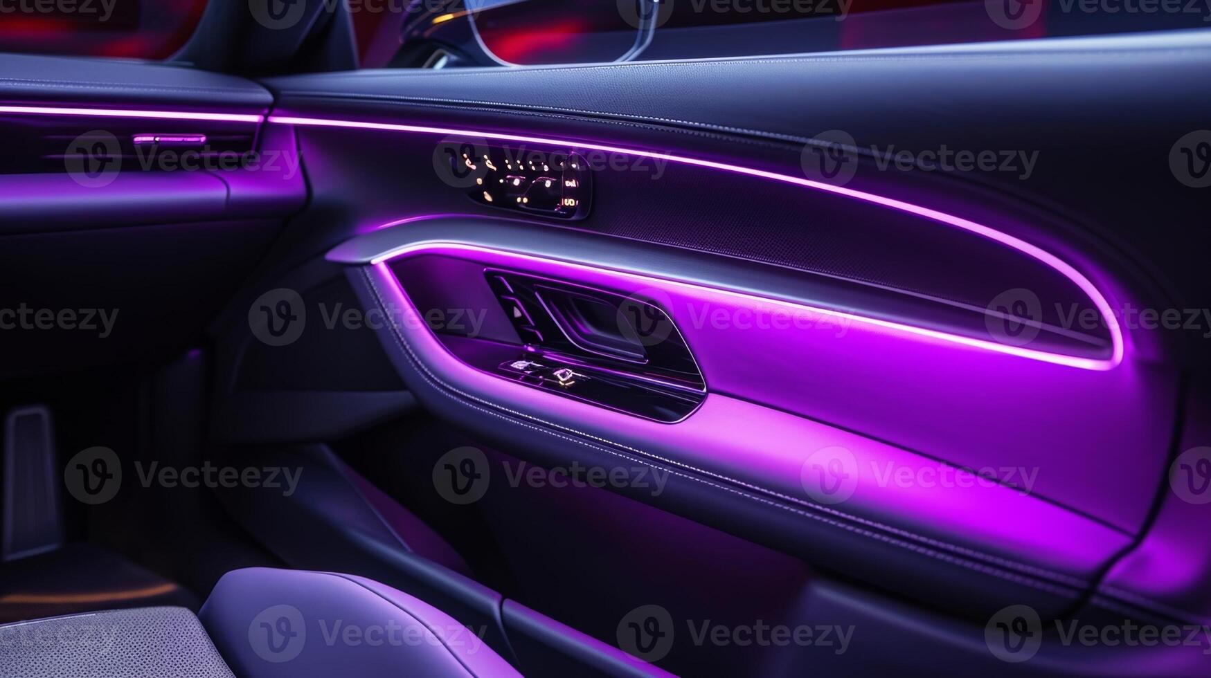 A tight shot of the interior of the car shows a subtle purple neon light highlighting the door handles adding a subtle touch of elegance and luxury photo