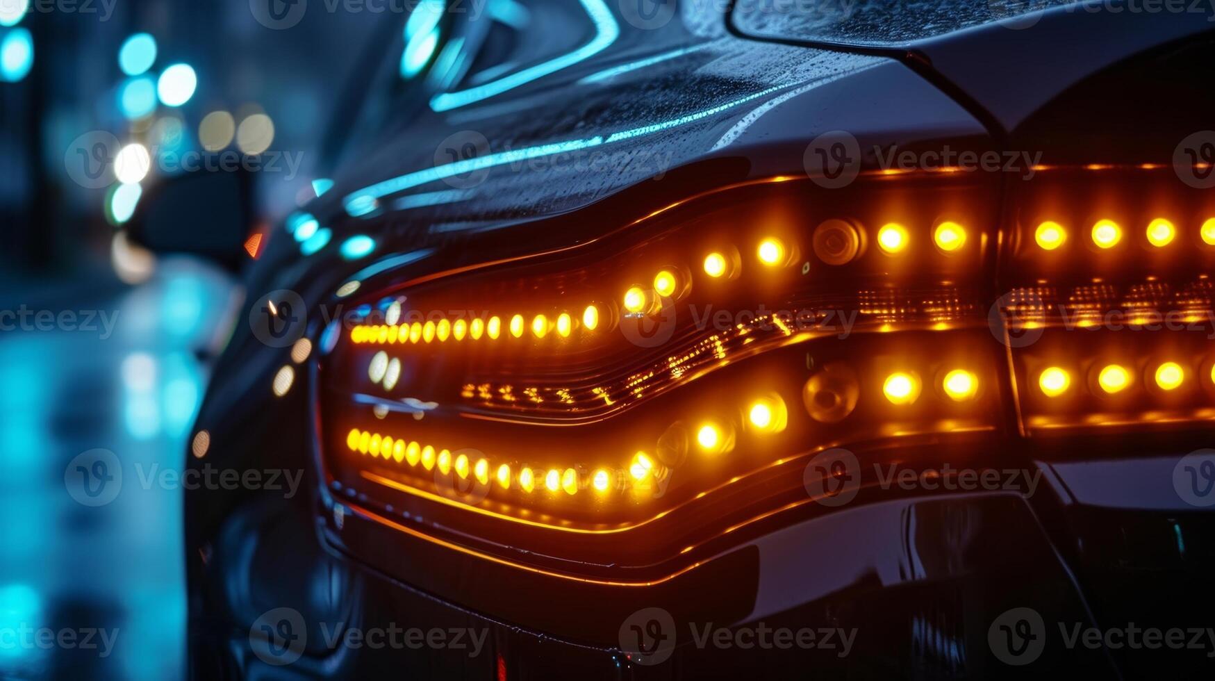 Extreme closeup of the LED turn signals on a car blinking in a rhythmic pattern and adding a touch of sophistication to the vehicles design photo