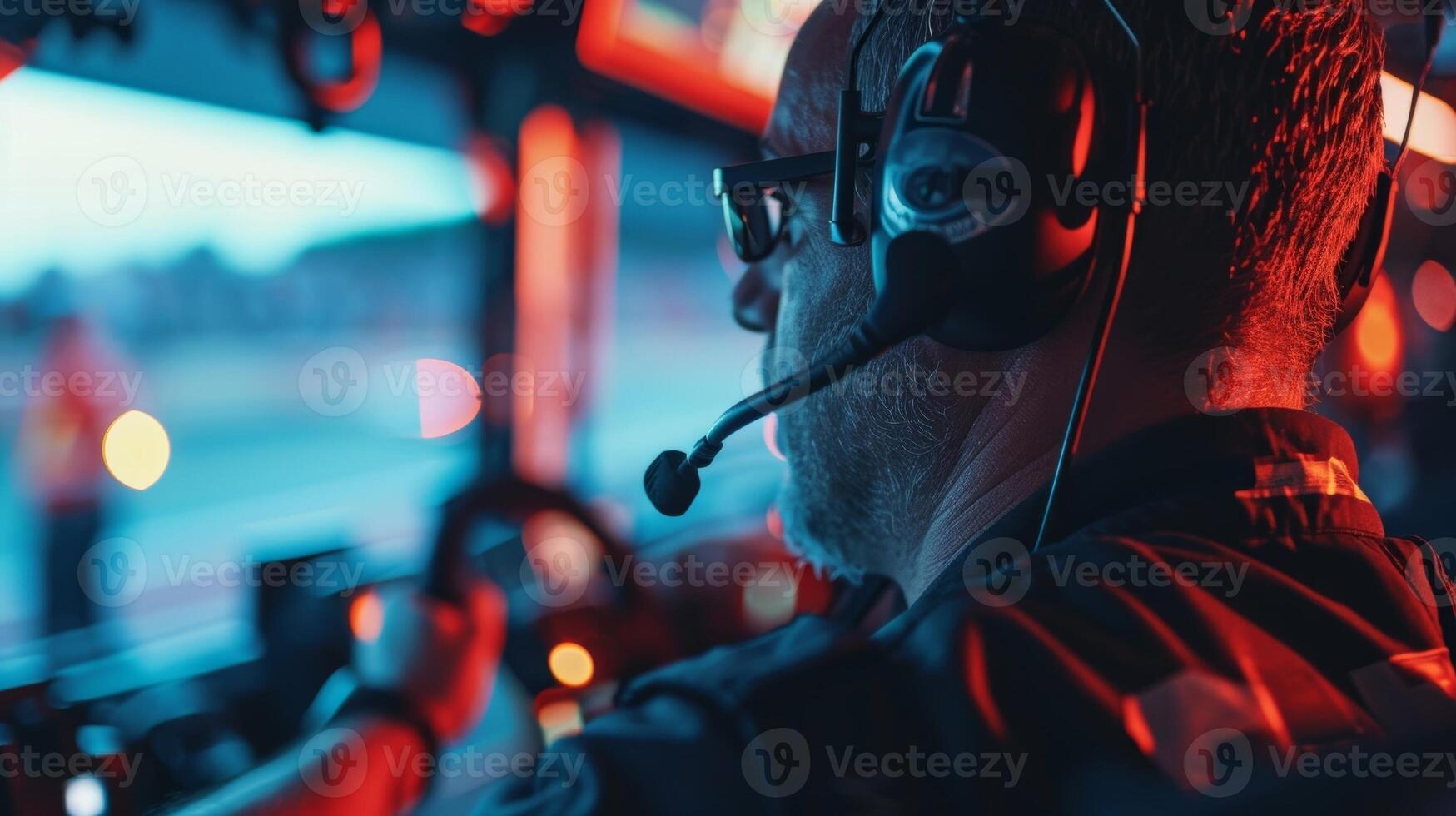 Intense closeups of team managers and mechanics their eyes glued to the timing screens and radios as they anxiously monitor the race photo