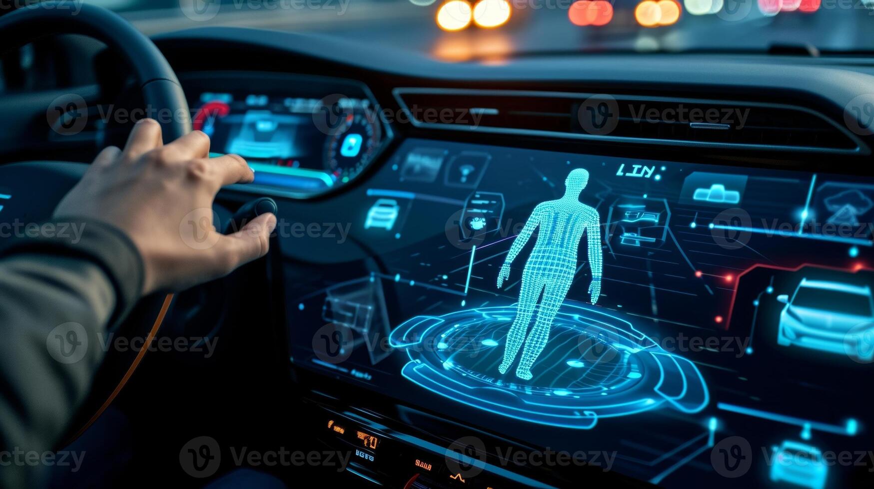 A hand presses a on on the center console and an infrared pedestrian detection system is highlighted on the screen demonstrating how this advanced technology can help preven photo