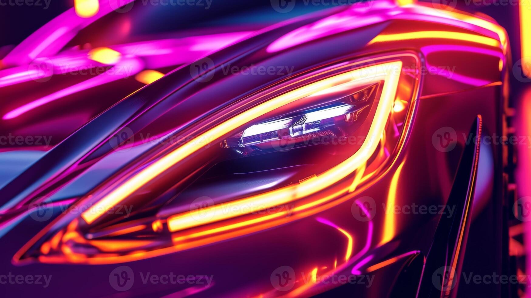 Macro shot of neon lines accentuating the contours of the cars headlights creating a striking contrast between shadows and vibrant light photo