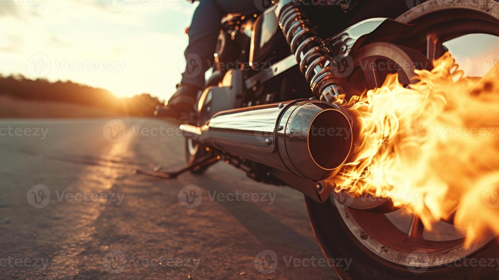 A closeup of a customized motorcycles exhaust pipes with small but intense flames bursting out as the rider accelerates down the open road photo