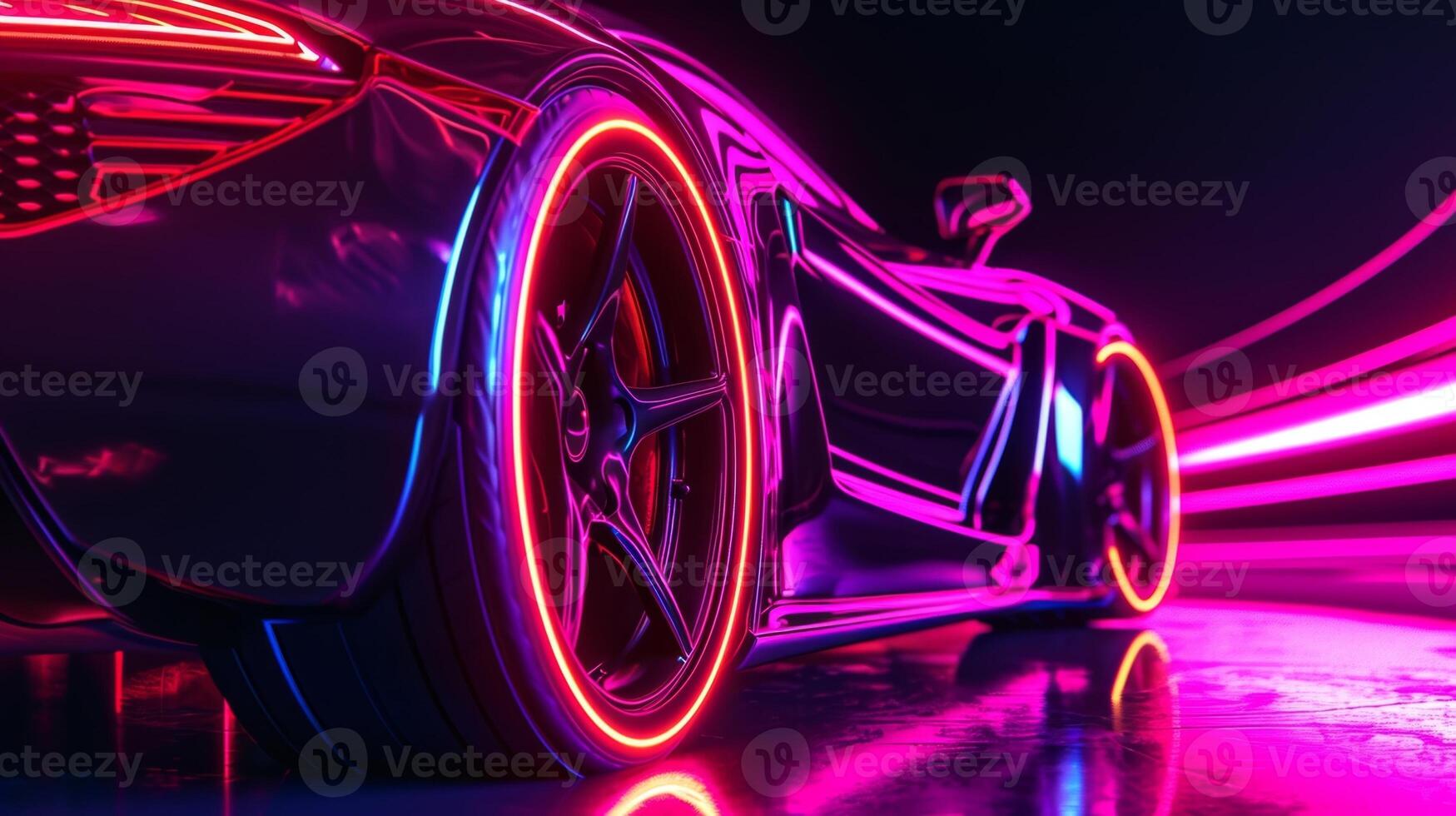 Closeup of neon lines lining the cars wheels giving the impression of speed and sophistication photo