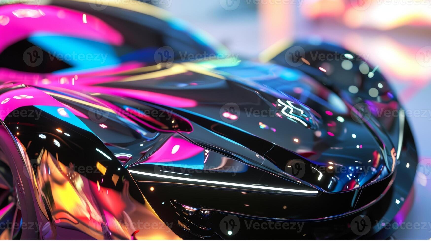 A closeup of the hood which features a bold paint job with splashes of metallic colors and a large glowing logo in the center photo