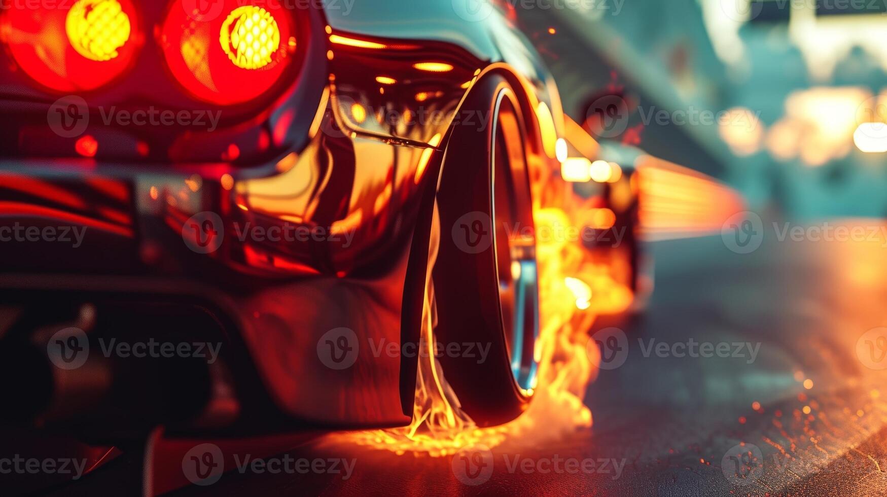 Closeup of a race cars exhaust pipes with thick and vibrant flames billowing out as the engine revs and echoes throughout the track photo