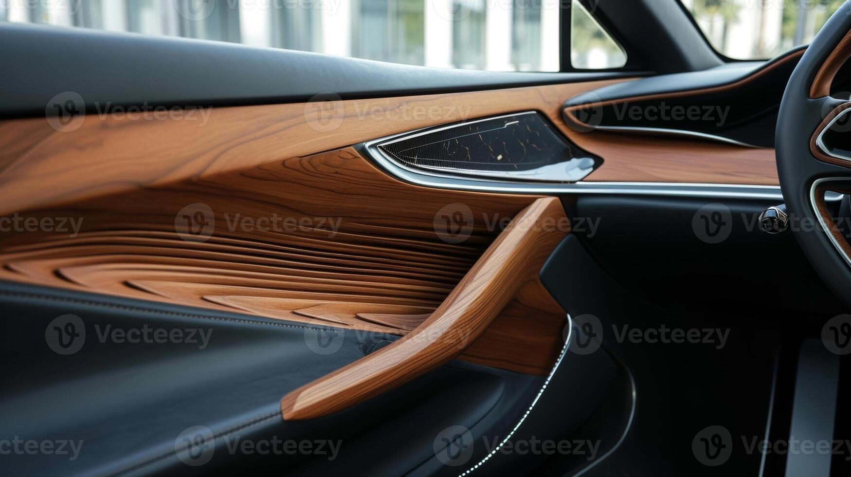 A focus on the wood trim on the door panels displaying the contrast between the sleek wood and the soft leather upholstery photo