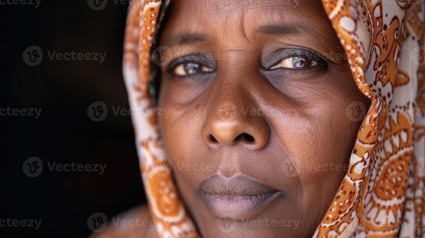 A Muslim woman with a concerned expression worried about the devastating effects of climate change on vulnerable communities in developing countries photo