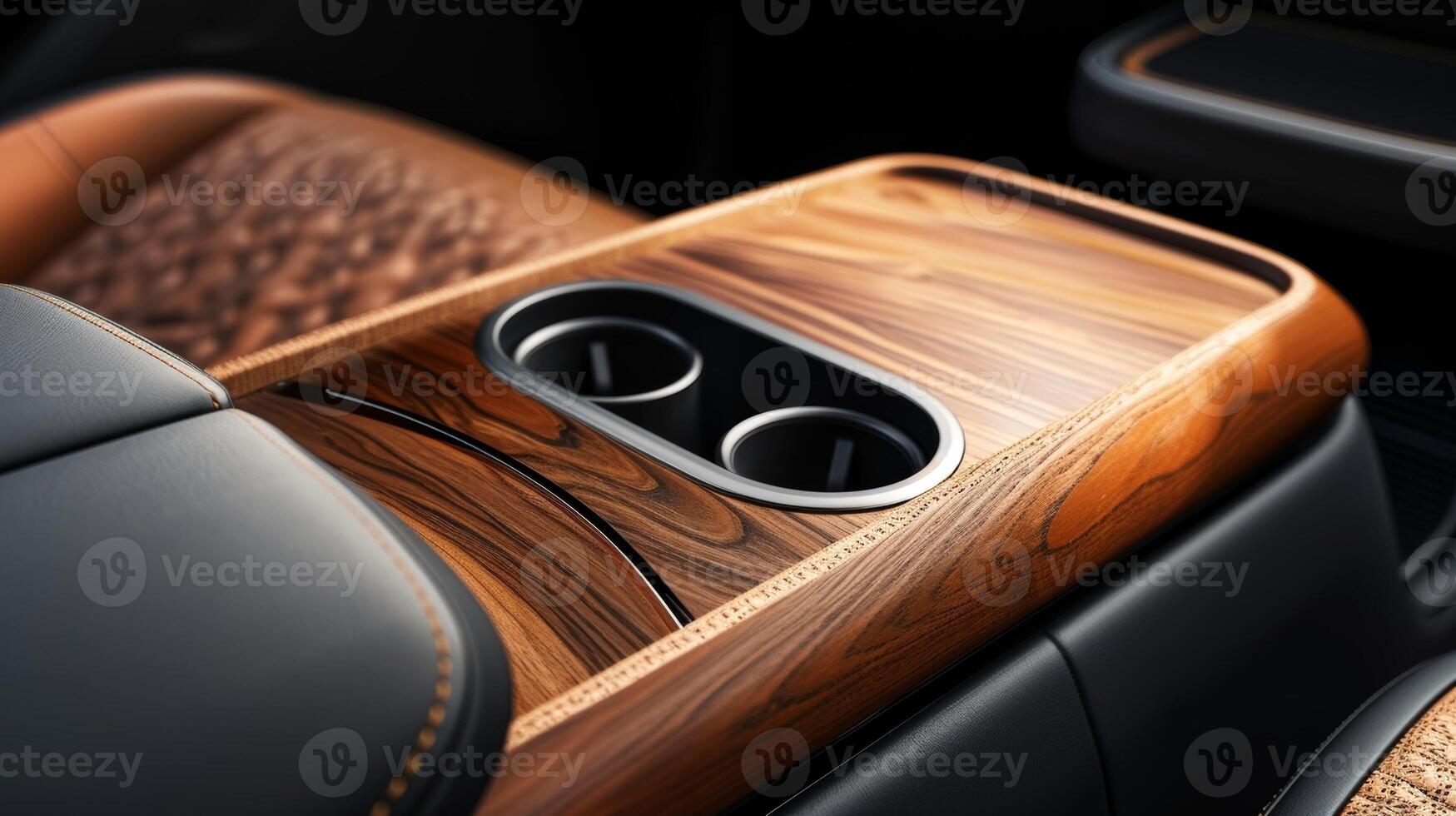 A zoomedin view of the wood trim on the center armrest showcasing the intricate pattern and meticulous craftsmanship photo