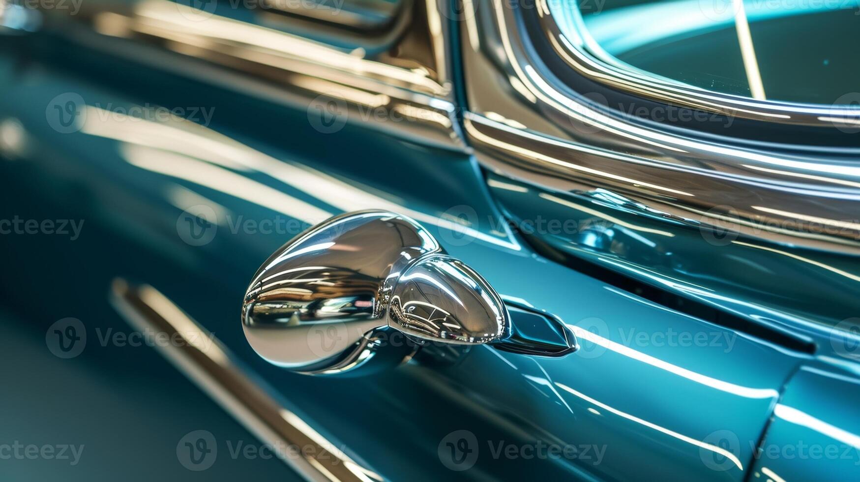 A detailed shot of the door handle of a vintage car with its shiny silver chrome and unique shape evoking nostalgia for clic automobiles photo