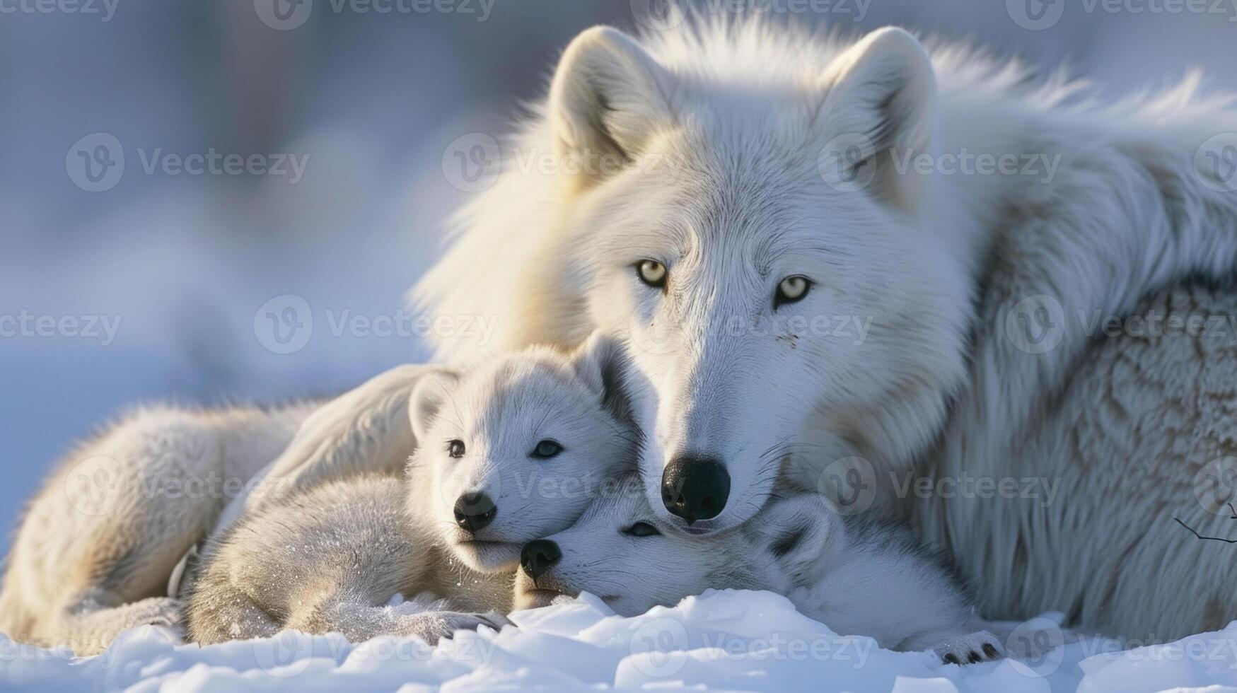 Closeup of a mother Arctic wolf her pups snuggled against her fluffy white chest as she keeps them warm in their icy habitat photo