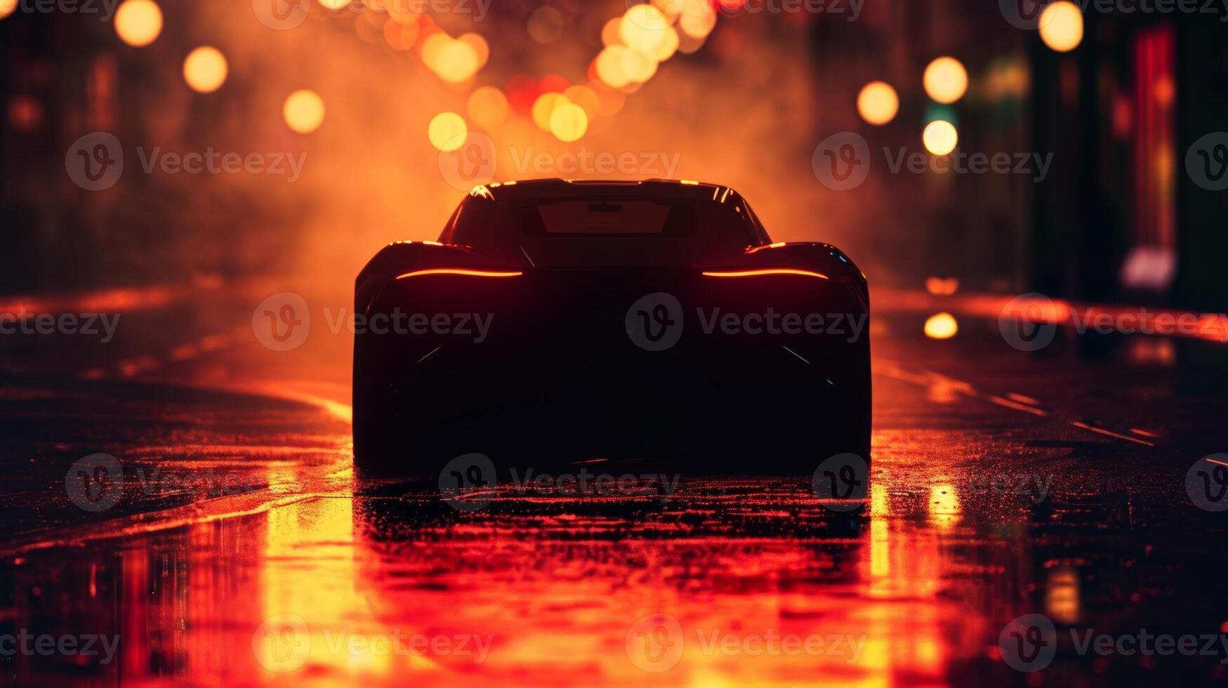 The mysterious silhouette of a car silhouetted against a vibrant cityscape its headlights casting a halo of light and shadows on the pavement photo