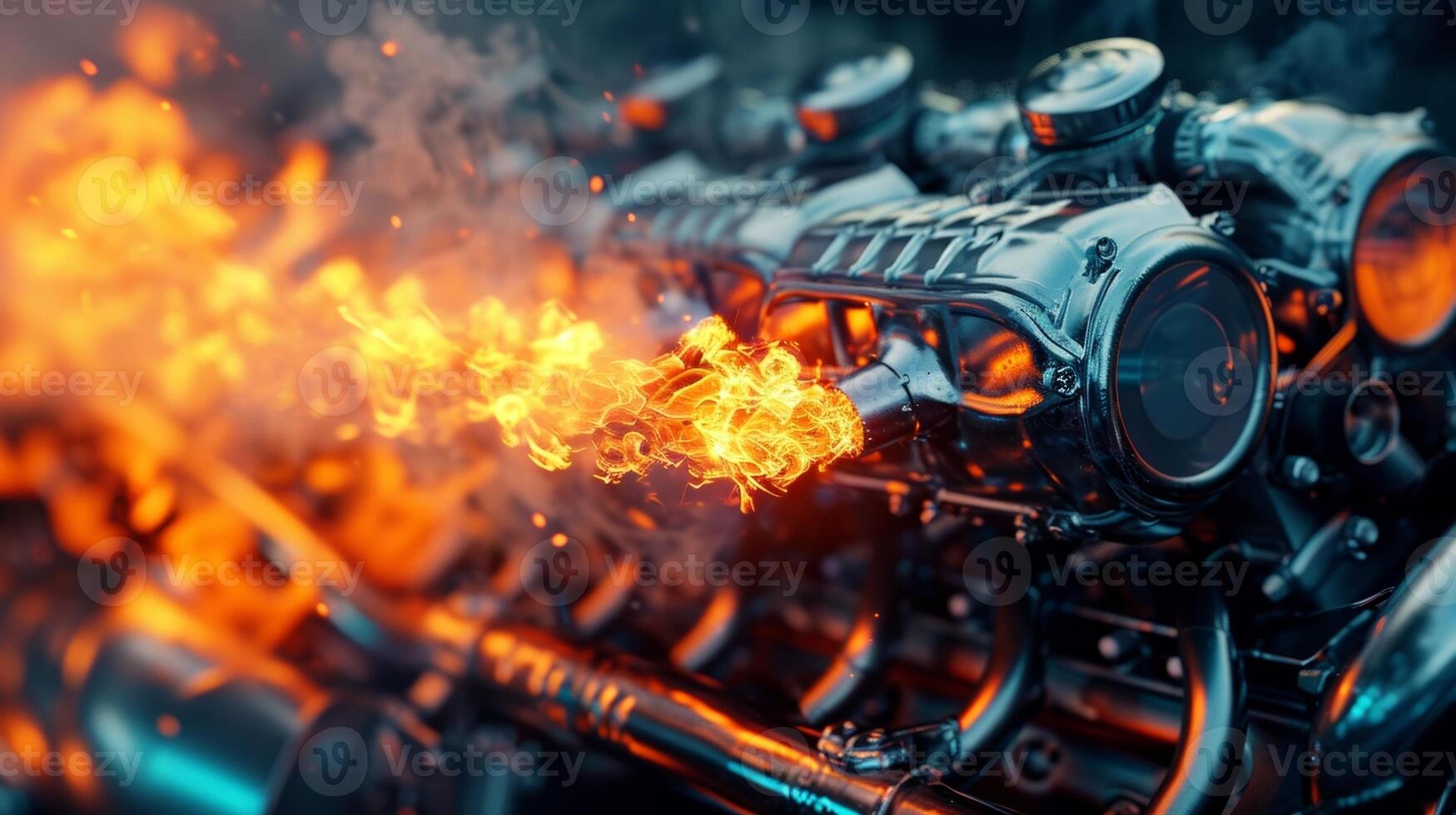 An intense closeup of a nitropowered engine revving flames spewing out of the exhaust pipes photo