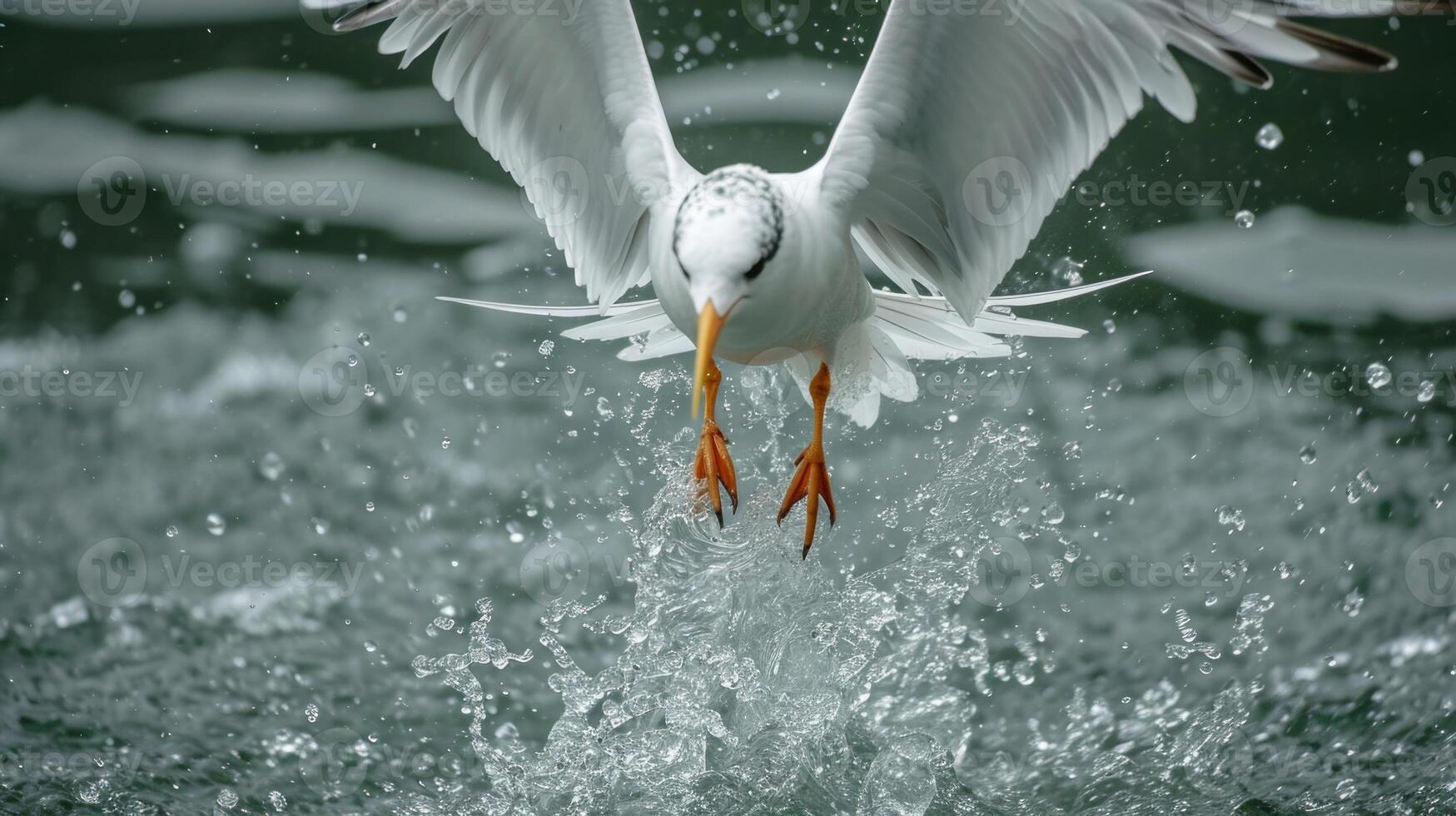 Closeup of a terns delicate webbed feet perfectly poised to enter the water and propel the bird back up to the surface after a successful dive photo