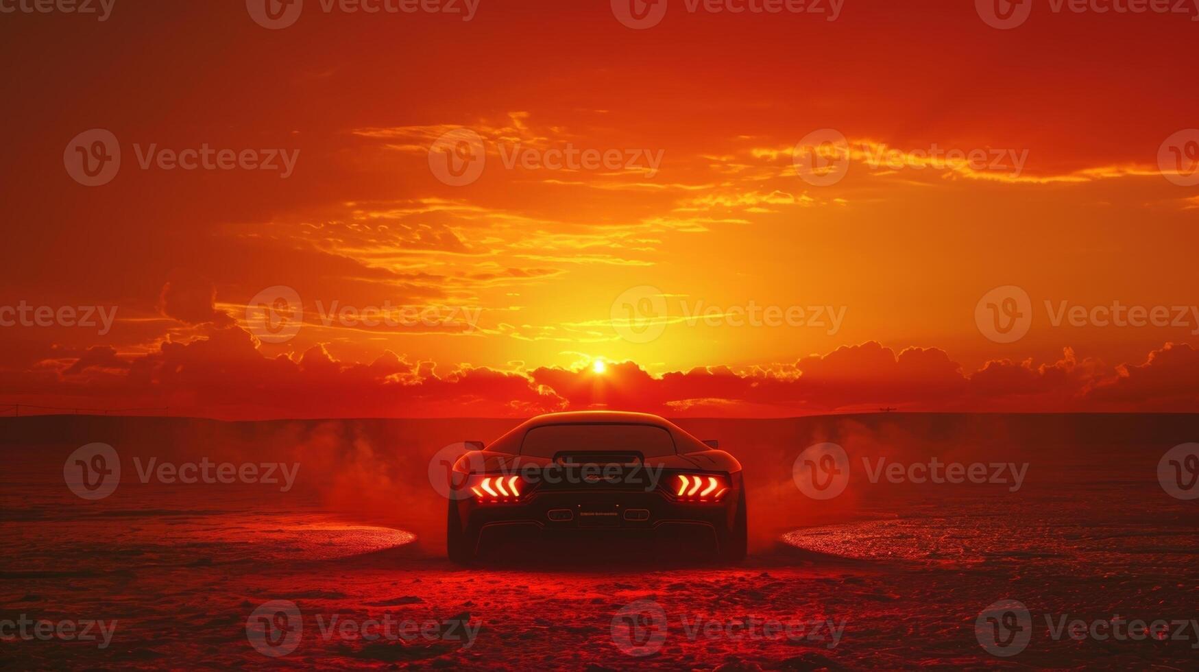 Against the backdrop of a fiery sunset the cars headlights stand out like two blazing flames highlighting the harsh and unrelenting hot climate of the desert photo