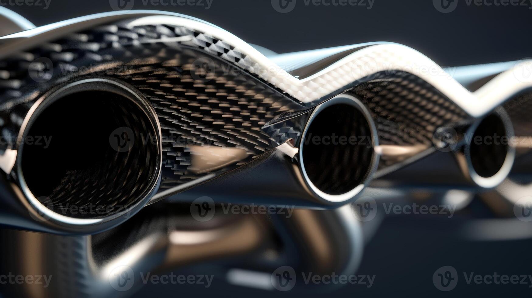 Closeup of the intricate design and curves of a highperformance exhaust system emphasizing its precision engineering photo