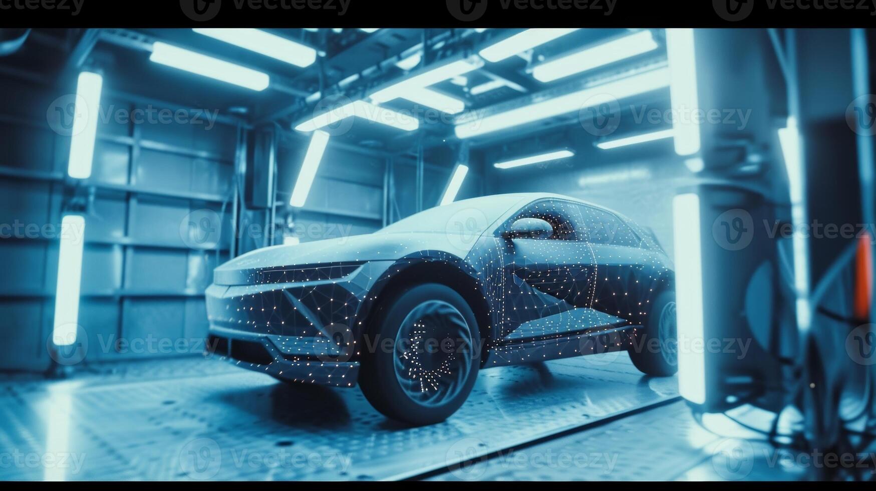 A slowmotion shot of a wind tunnel test with the electric vehicles body covered in sensors as engineers work to optimize its aerodynamic performance and reduce noise photo