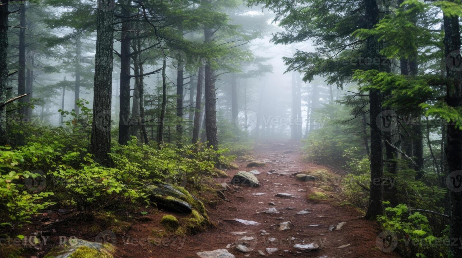 The misty fog adds a sense of solitude to the trail, allowing hikers to disconnect and immerse themselves in the peaceful surroundings. photo