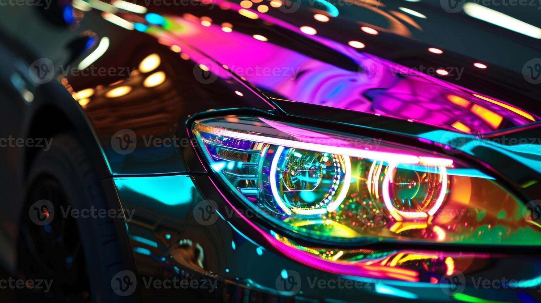 A closeup shot of a cars headlights with a prism effect displaying a stunning spectrum of colors that adds a touch of artistic flair to the vehicle photo