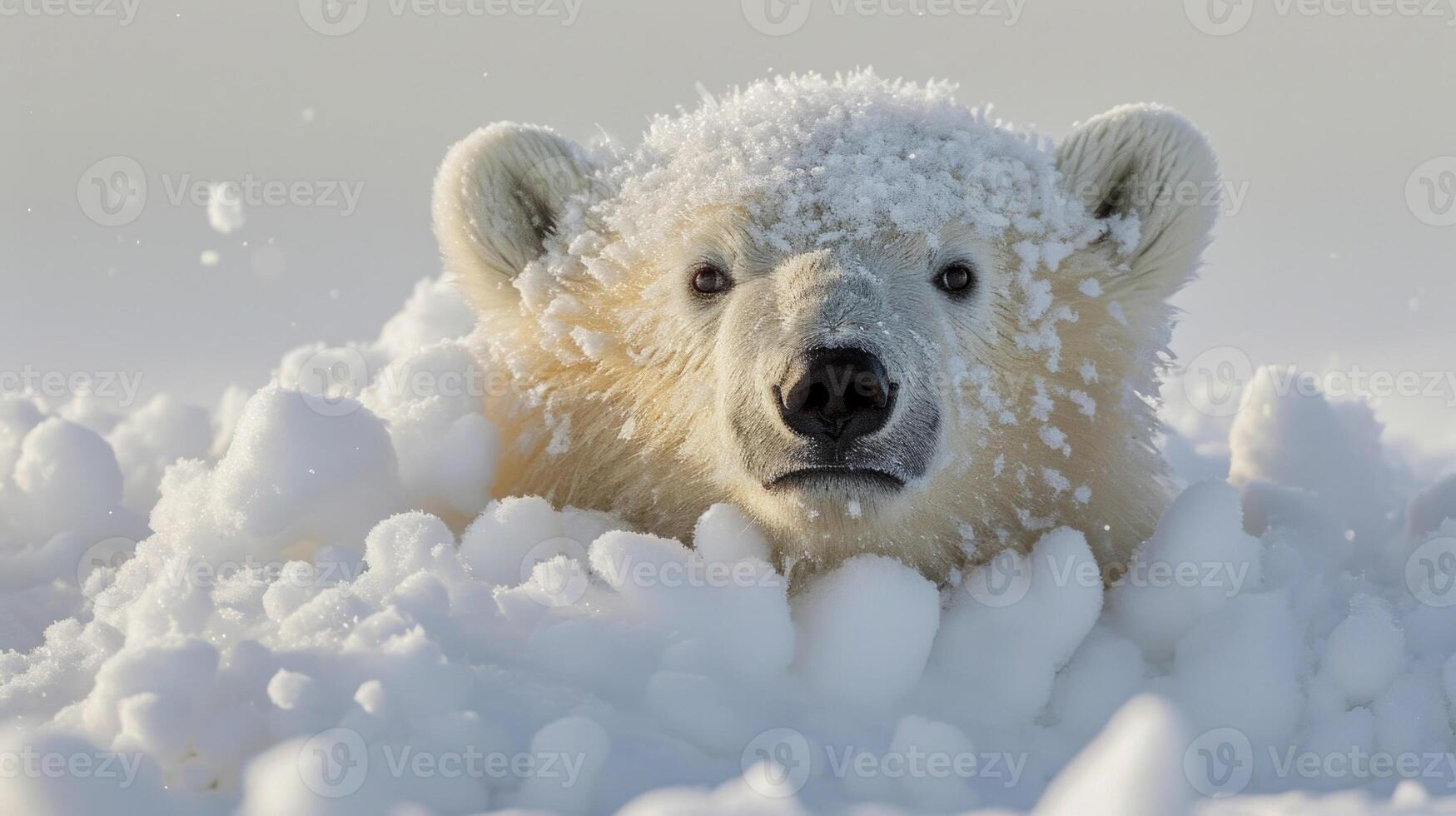 Closeup of a mischievous polar bear cub sticking its head out of a pile of snow its thick fur glistening from the snowflakes still stuck to its nose photo